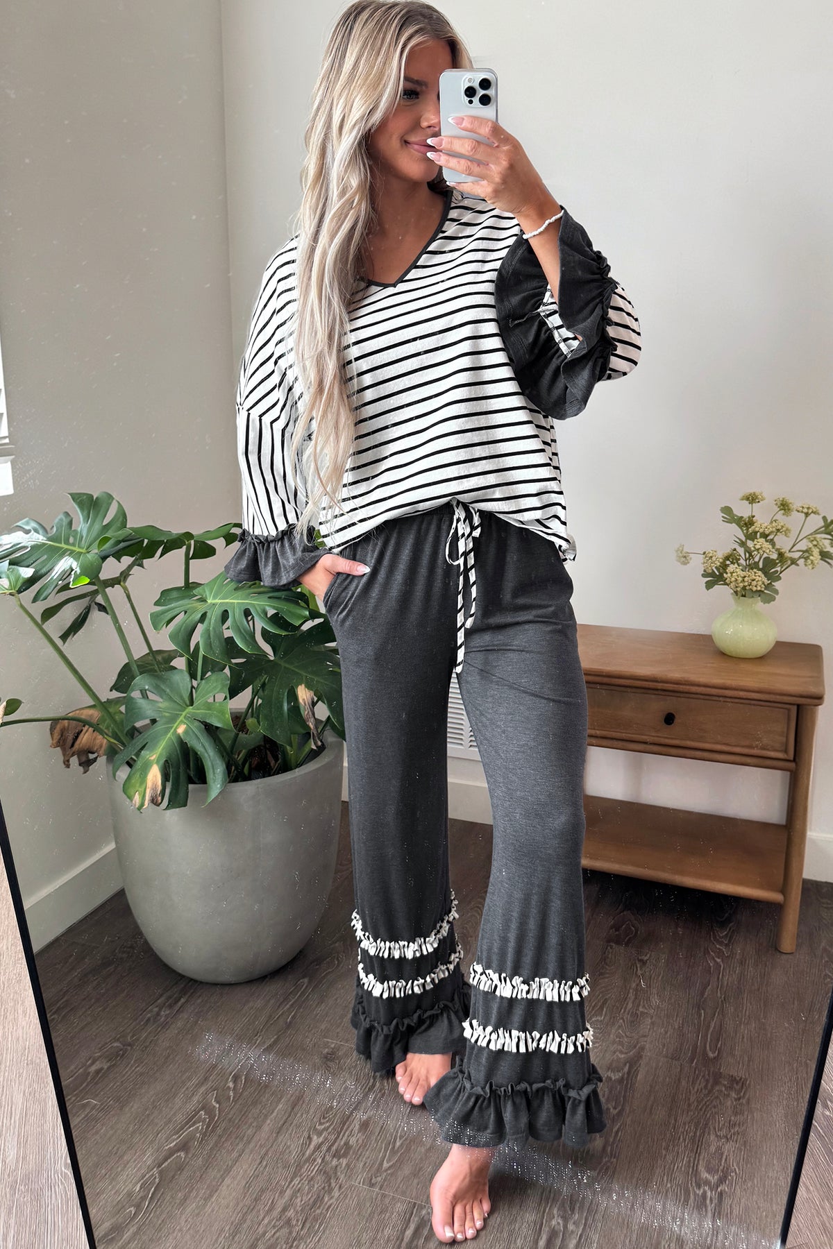 Stripe V-Neck Ruffle Contrast Sleeve Top + Drawstring Pants Set — image 02