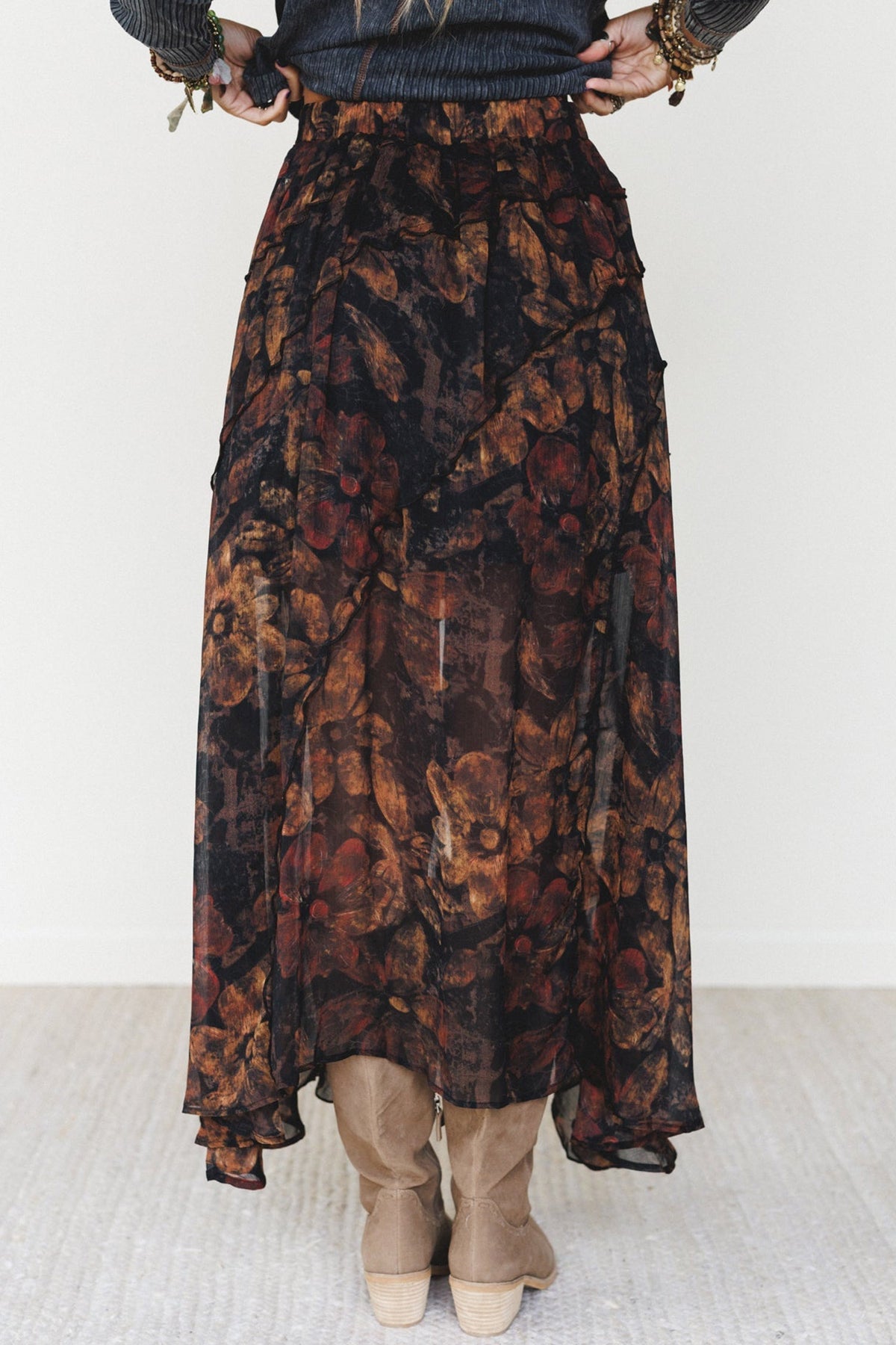 PREORDER // Brown Floral Print Ruffle Split Hem Flowy Long Skirt // ETA 11/19 — image 02