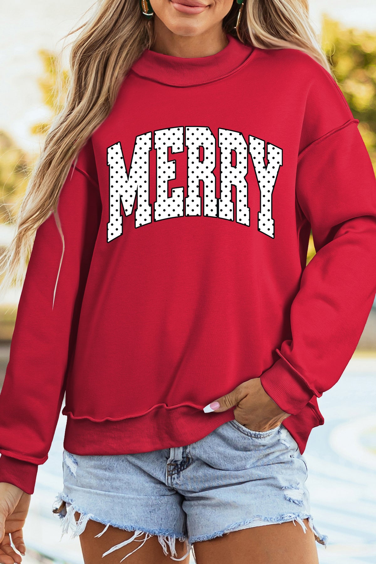 Racing Red Polka Dot MERRY Mock Neck Tunic Sweatshirt — image 02