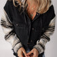 Black Plaid Sleeve Frayed Hem Hooded Denim Jacket — image 02