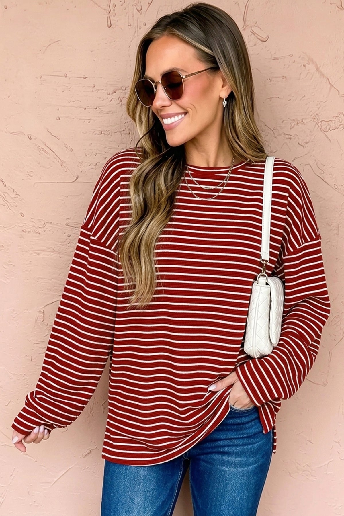 Red Stripe Drop Shoulder Long Sleeve Top — image 02