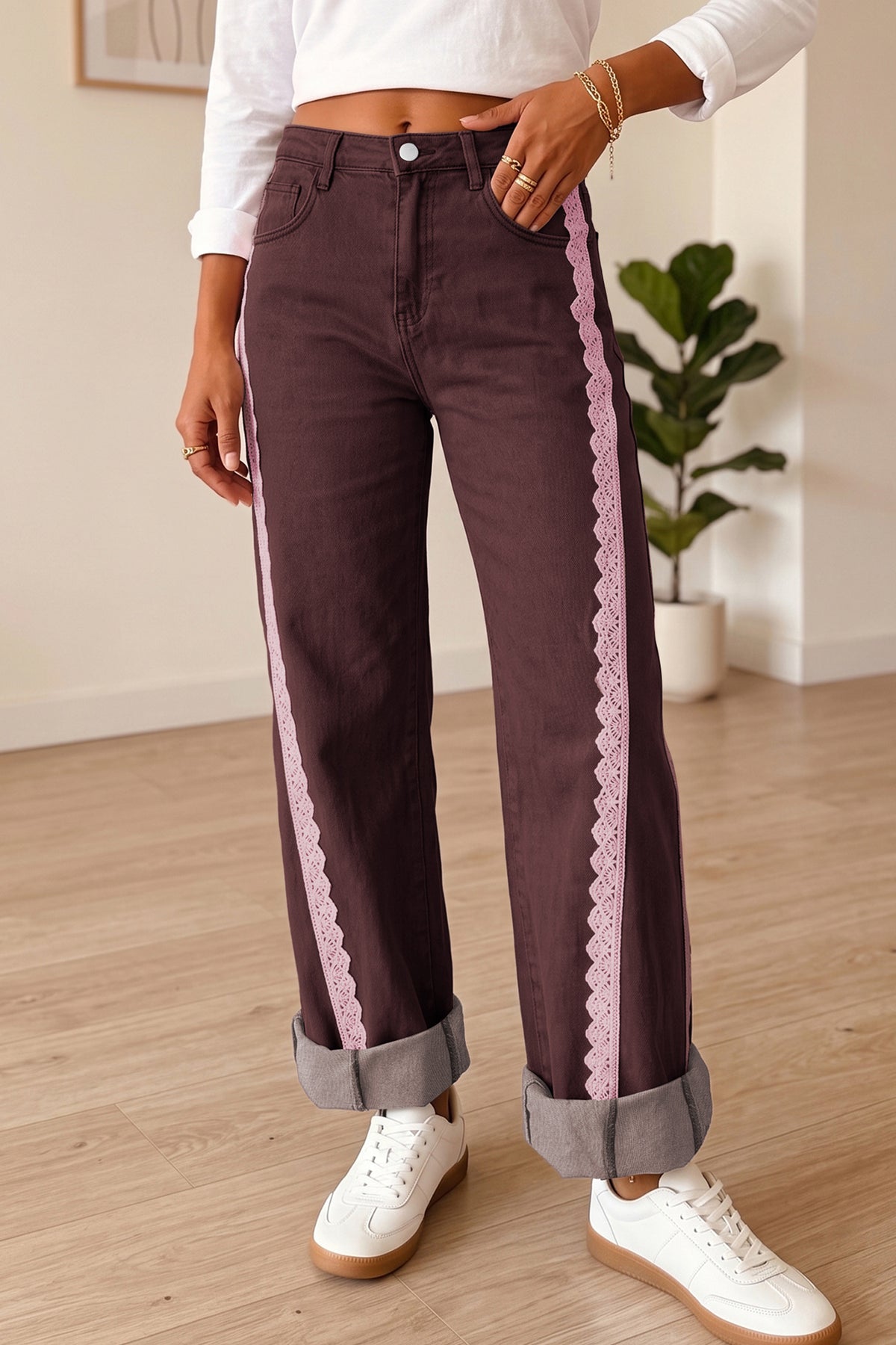 Coffee Lace Trim Casual Full-Length Regular Fit Jeans — image 02