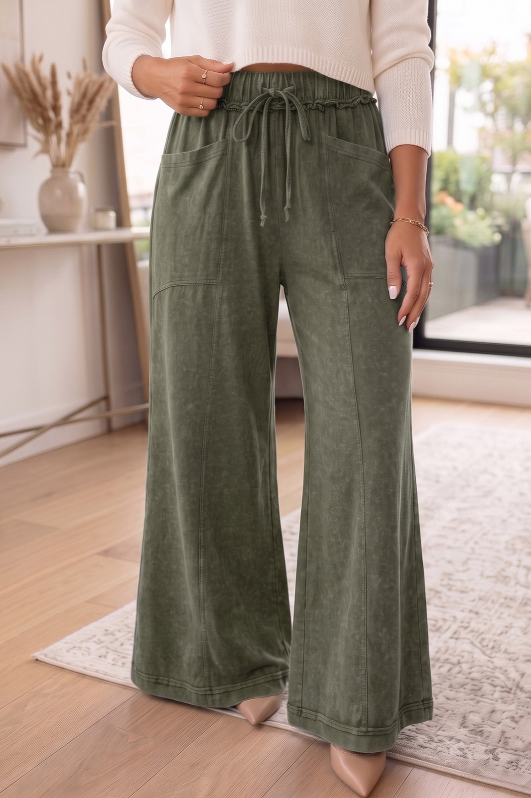 Mineral Wash Seam Detail Flare Leg Drawstring Pants — image 02