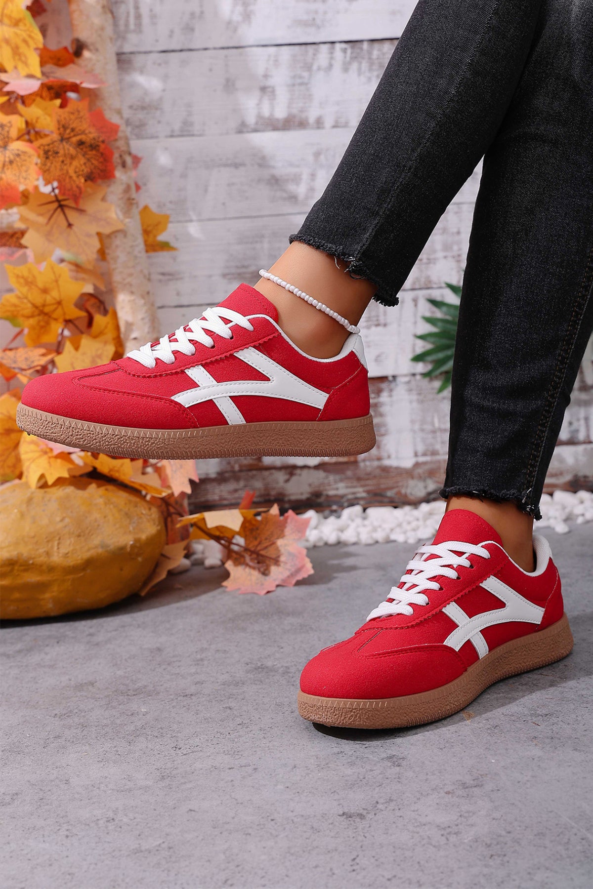 Racing Red Faux Suede Contrast Patchwork Detail Lace Up Flat Sneakers — image 02