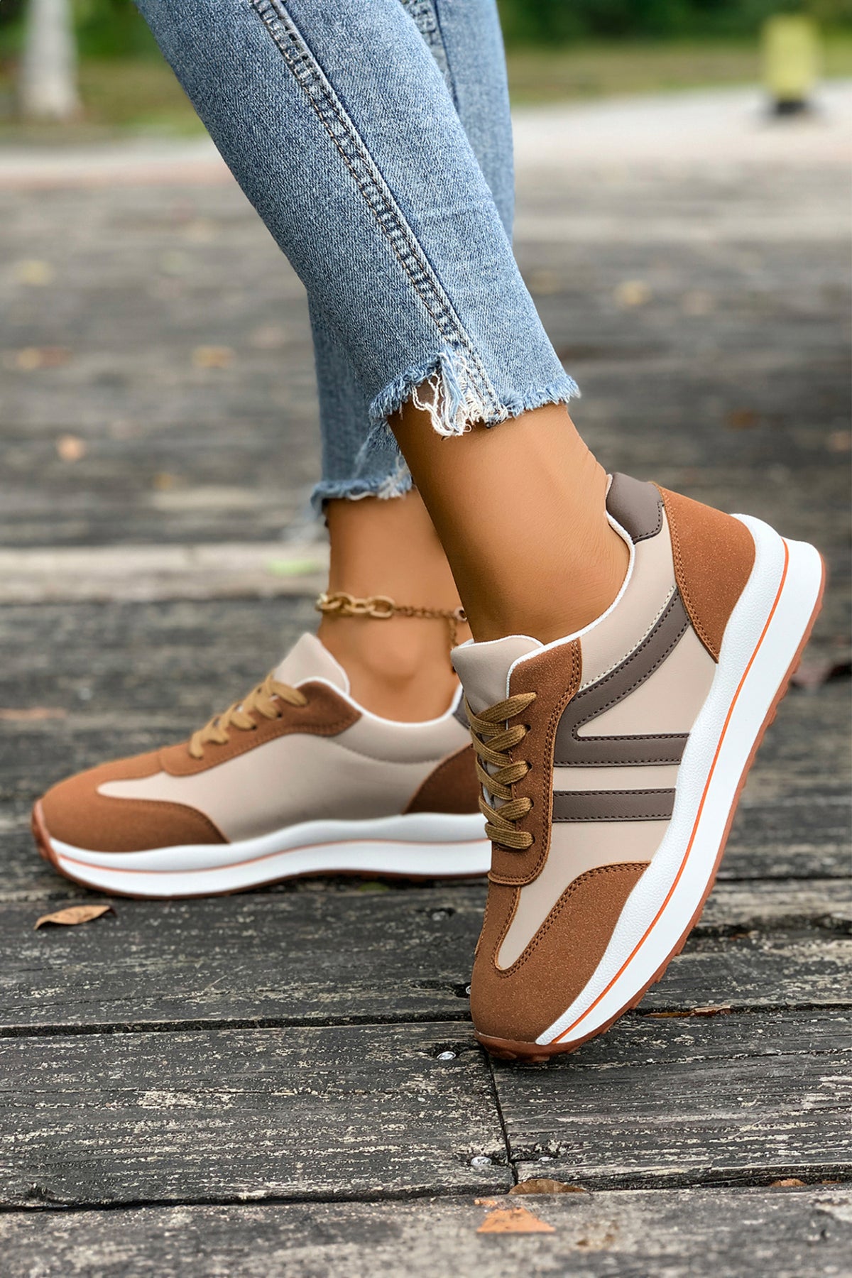 Brown Varsity Color Block Patchwork Lace-up PU Leather Sneakers — image 02