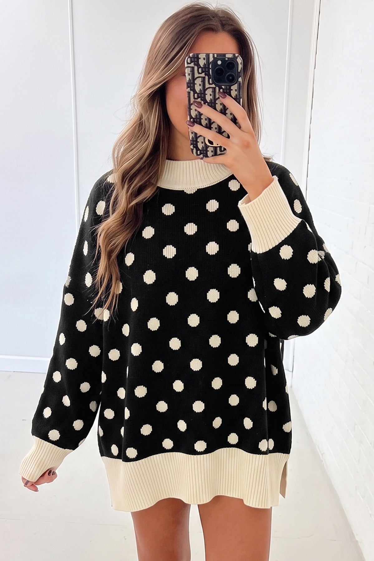 Black Polka Dot Pattern Ribbed Colorblock Trim Split Tunic Sweater — image 02