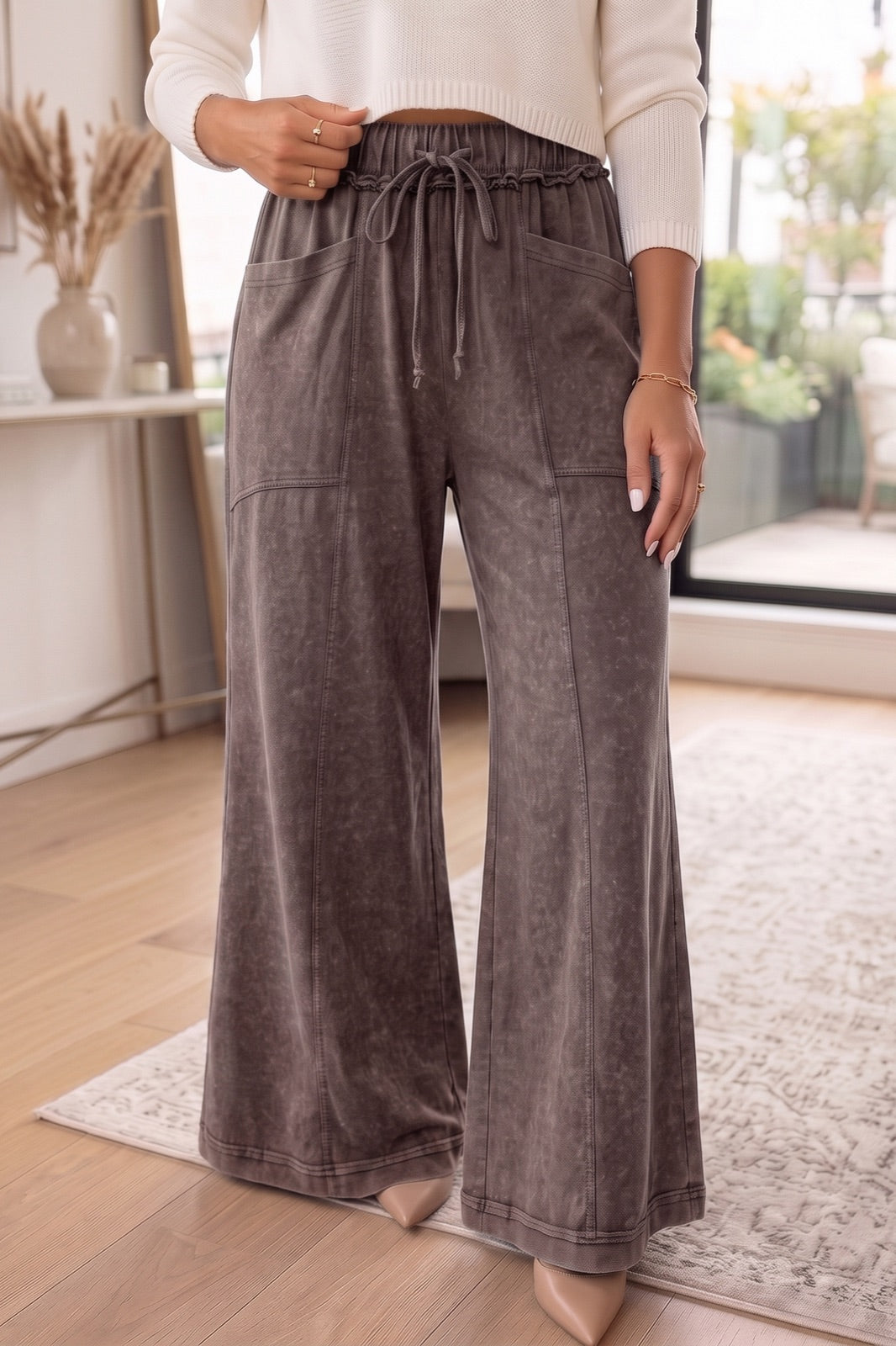 Mineral Wash Seam Detail Flare Leg Drawstring Pants — image 02