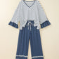 Stripe V-Neck Ruffle Contrast Sleeve Top + Drawstring Pants Set — image 02