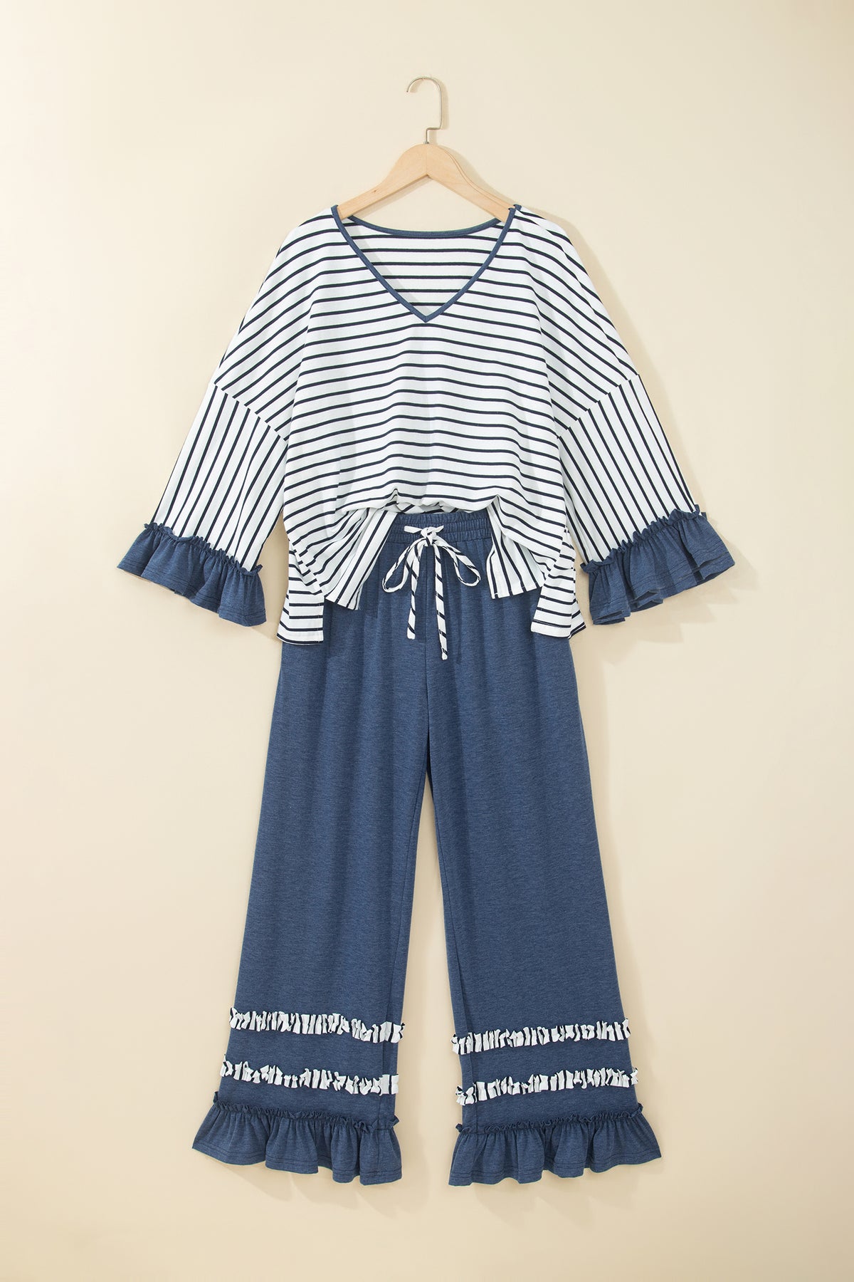 Stripe V-Neck Ruffle Contrast Sleeve Top + Drawstring Pants Set — image 02