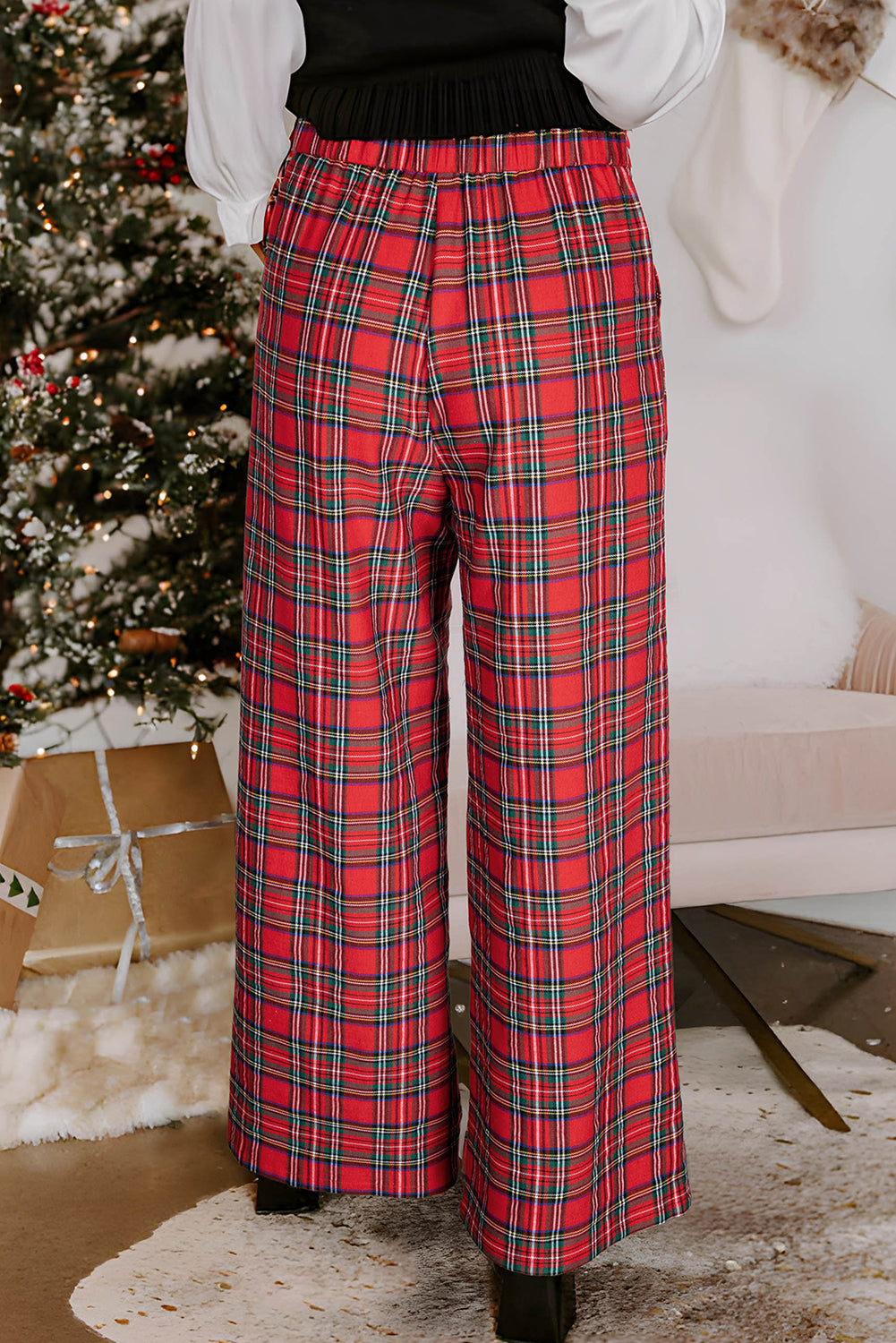 Red Festive Plaid Wide Leg Pull On Pants — image 02