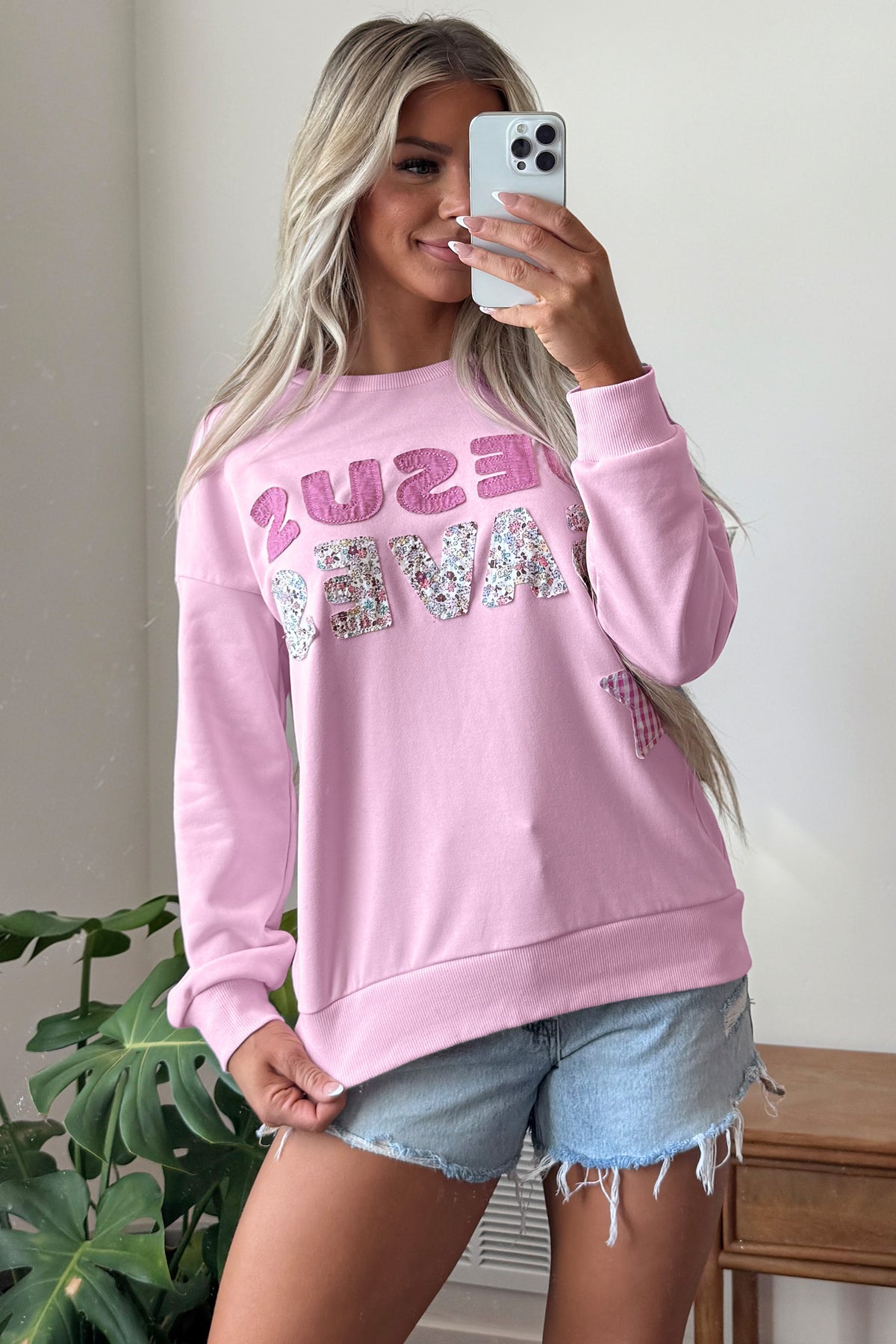 Pink JESUS SAVES Patchwork Stars Plaid Floral Letters Baggy Sweatshirt — image 02