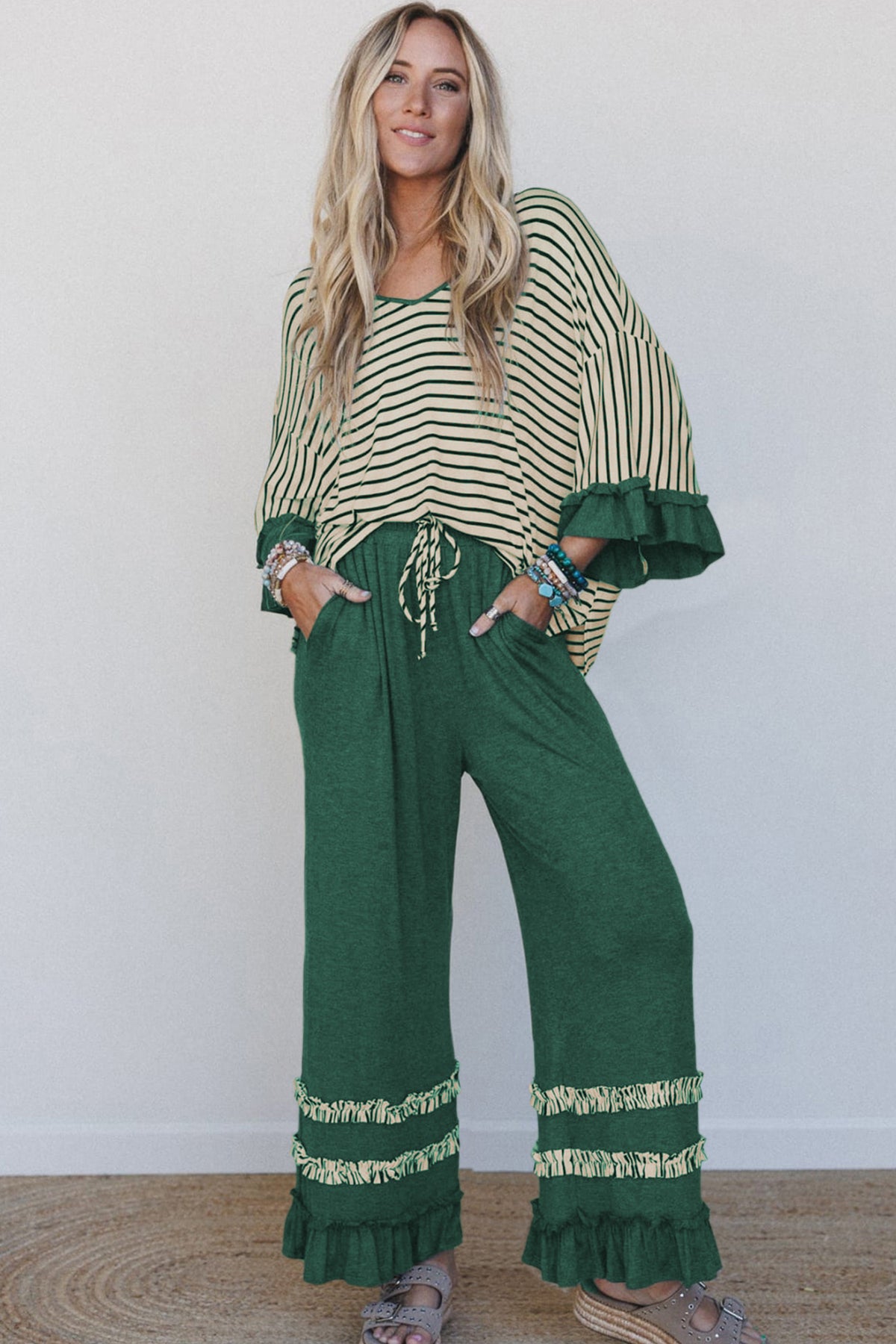 Stripe V-Neck Ruffle Contrast Sleeve Top + Drawstring Pants Set — image 02