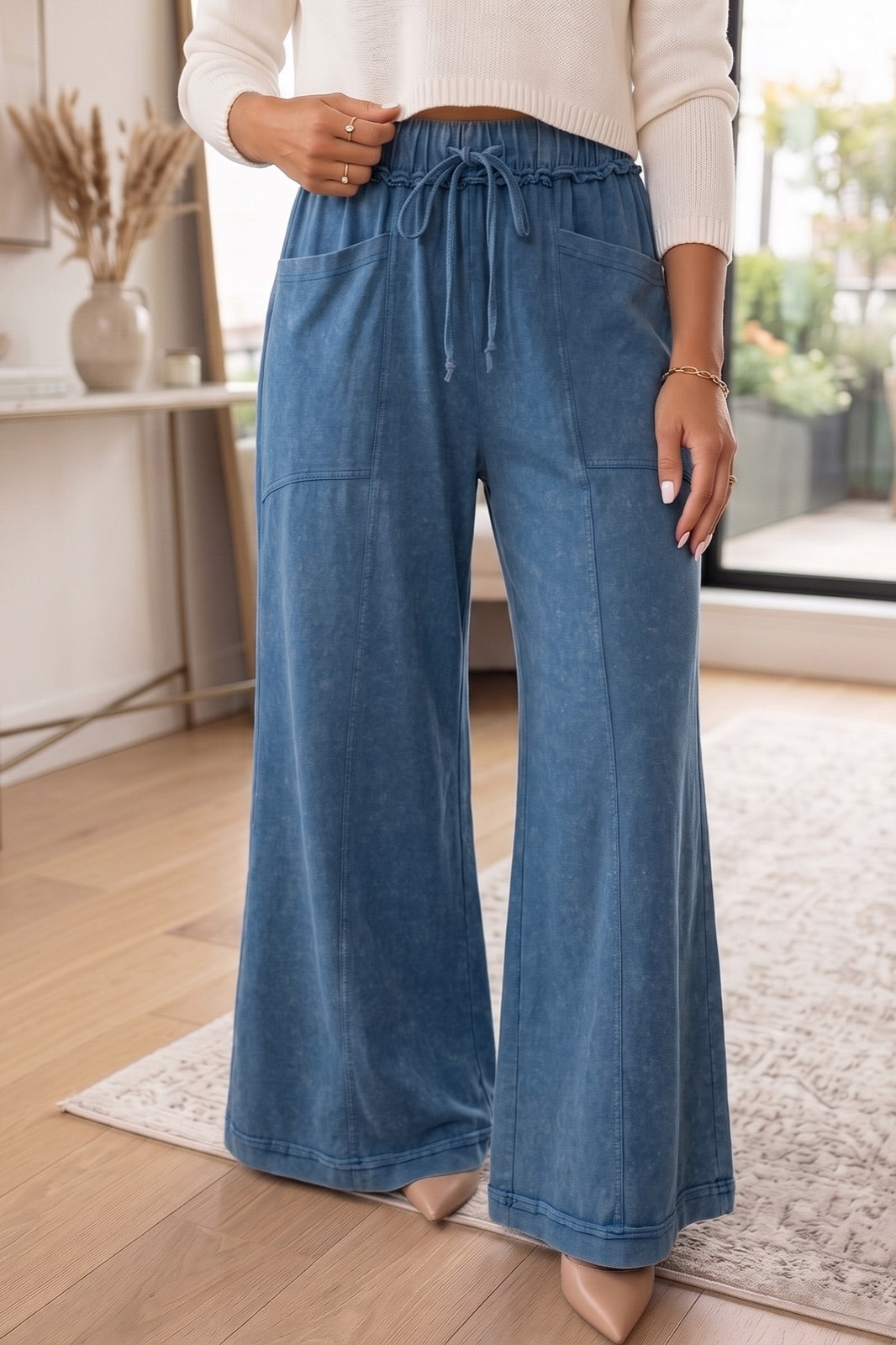 Mineral Wash Seam Detail Flare Leg Drawstring Pants — image 02