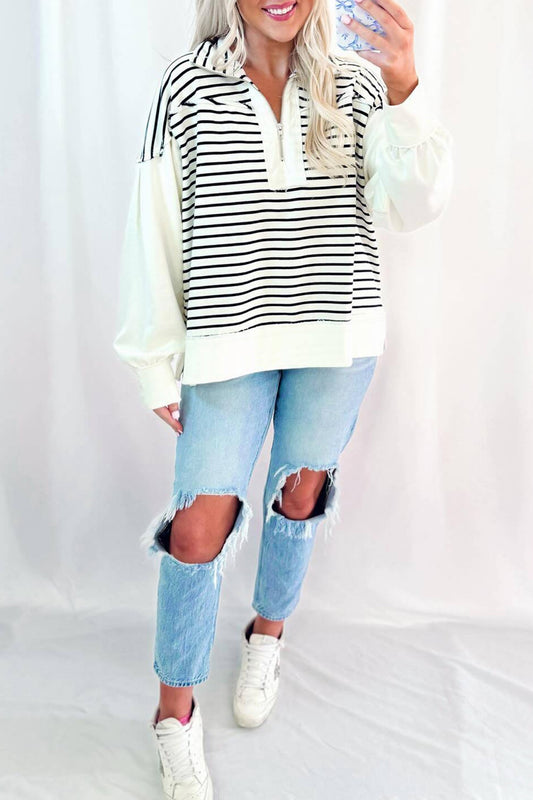 White Stripe Color Block Puff Sleeve Zip Collar Top — image 02