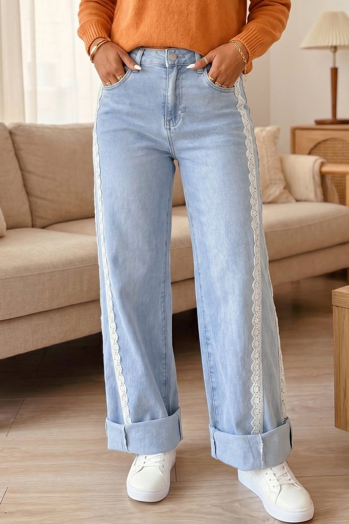 Beau Blue Lace Trim Casual Full-Length Regular Fit Jeans — image 02