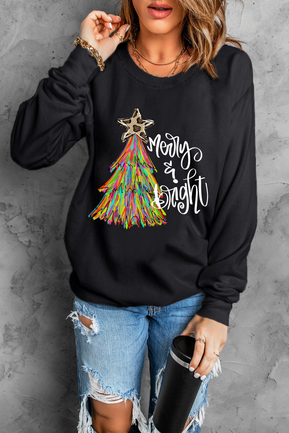 Black Merry & Bright Christmas Tree Graphic Sweatshirt — image 02