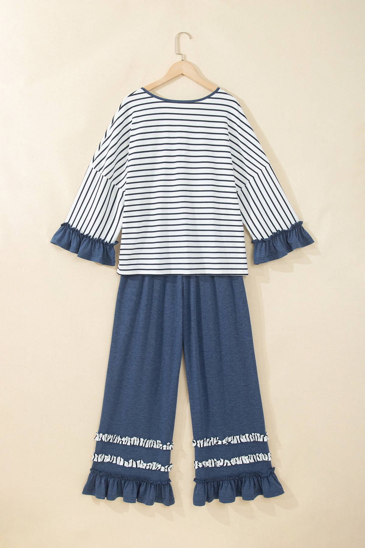 Stripe V-Neck Ruffle Contrast Sleeve Top + Drawstring Pants Set — image 03