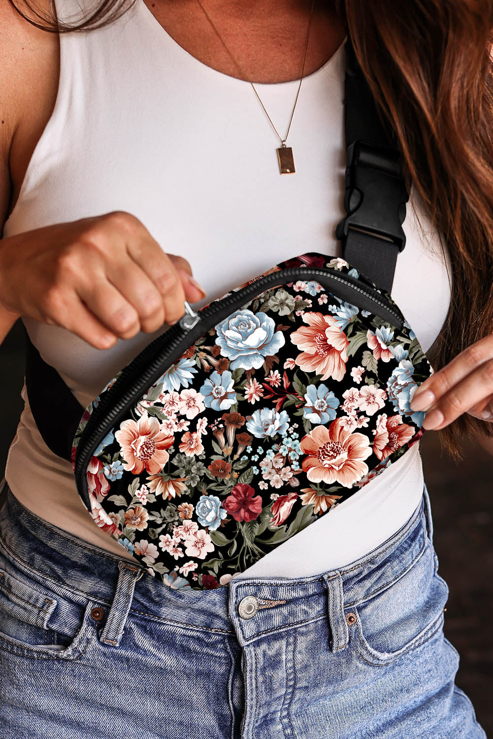 Black Floral Print Zipper Wide Strap Sling Bag — image 03