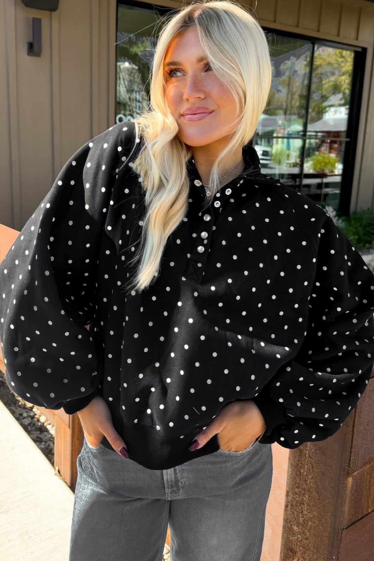 Black Polka Dot Print Metal Button Collar Casual Pullover Sweatshirt — image 03