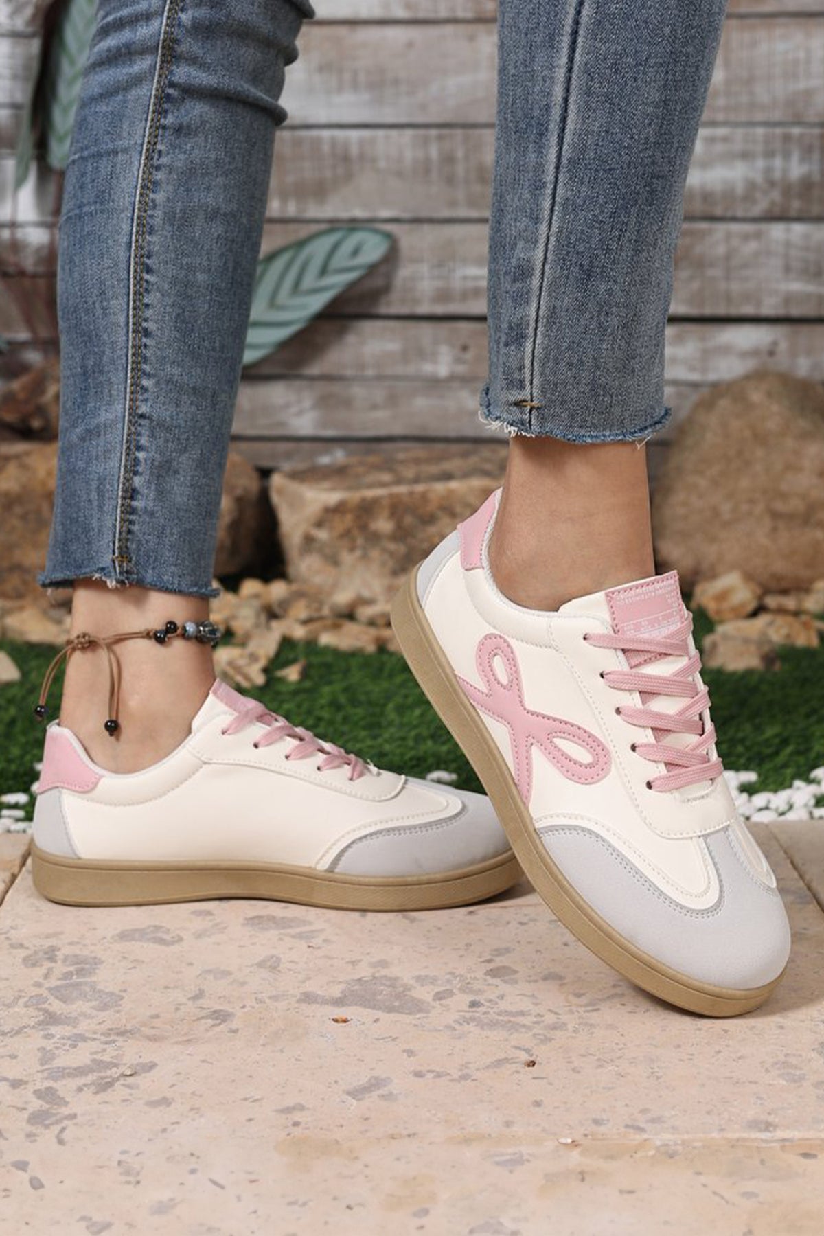 Pink Cute Bow Patch Color Block PU Leather Sneakers — image 03