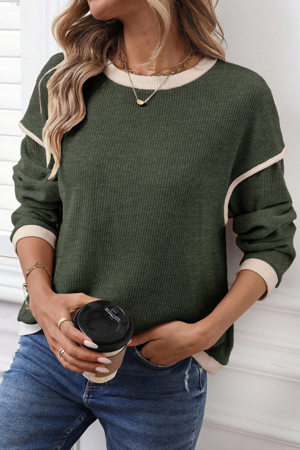 Light Pink Contrast Color Trim Knit Drop Shoulder Loose Top — image 03