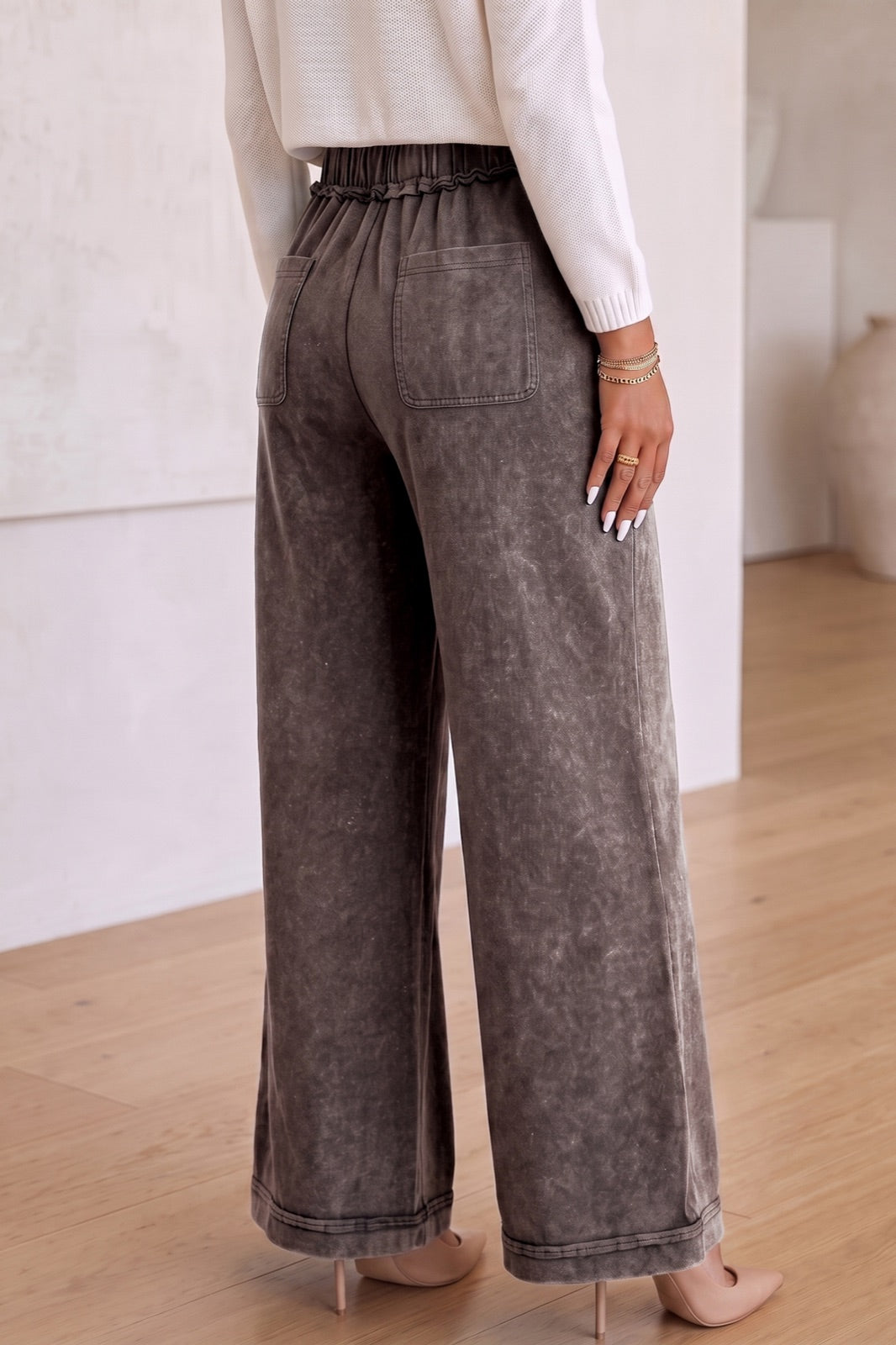 Mineral Wash Seam Detail Flare Leg Drawstring Pants — image 03