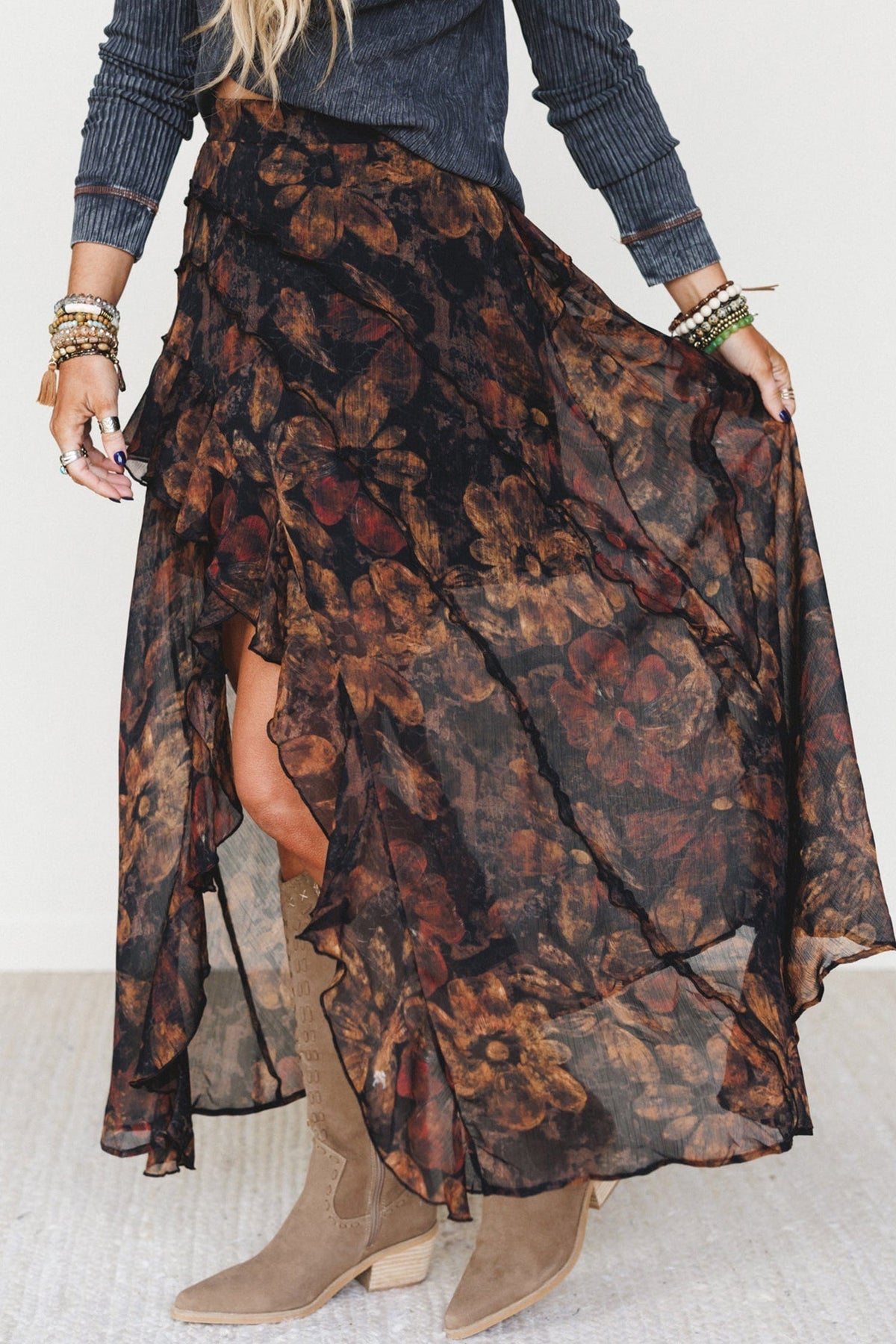 PREORDER // Brown Floral Print Ruffle Split Hem Flowy Long Skirt // ETA 11/19 — image 03