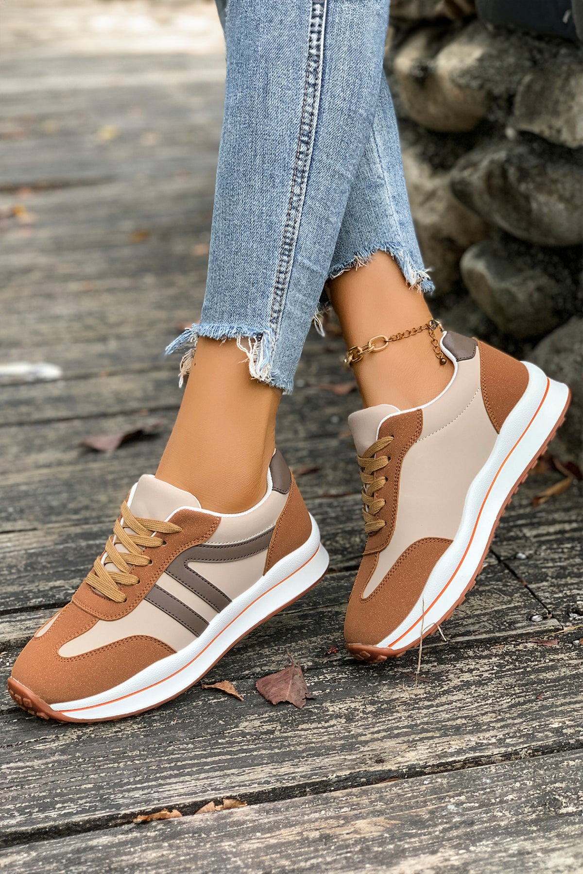 Brown Varsity Color Block Patchwork Lace-up PU Leather Sneakers — image 03