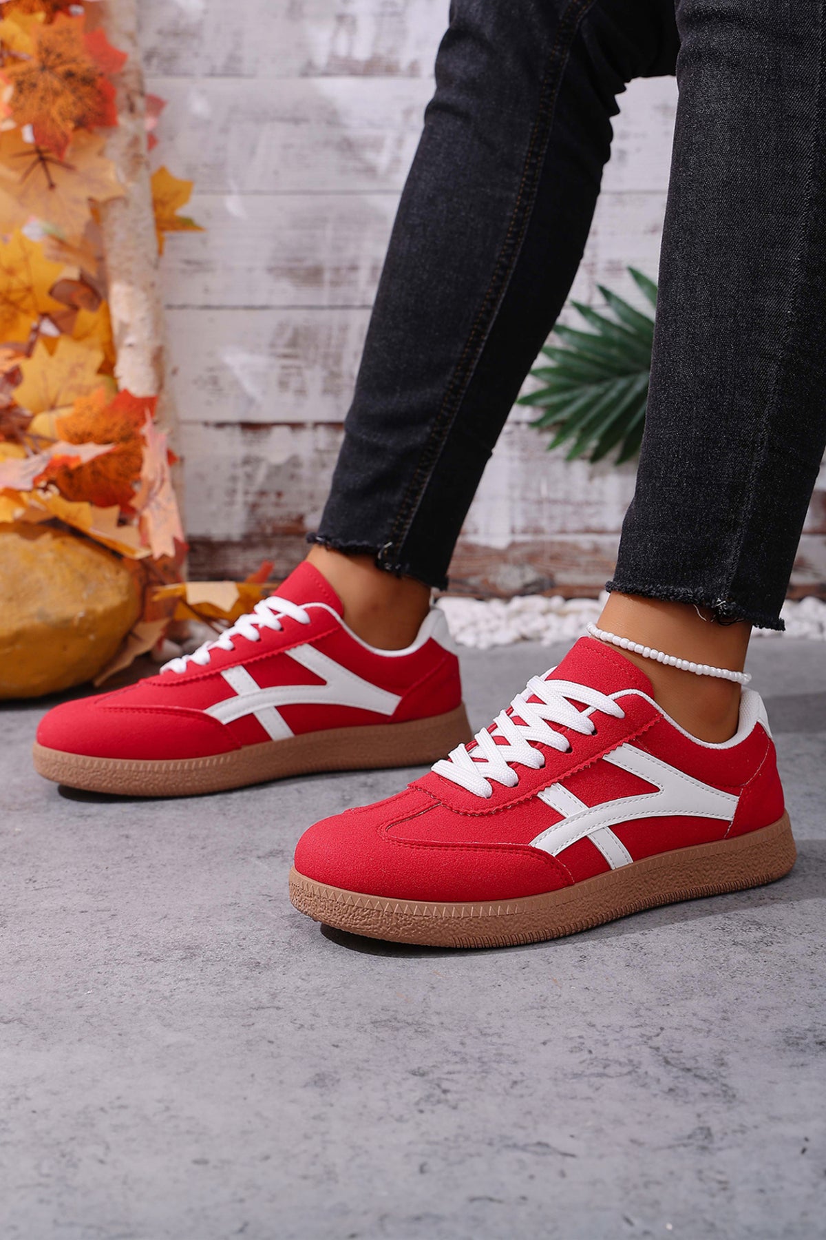 Racing Red Faux Suede Contrast Patchwork Detail Lace Up Flat Sneakers — image 03
