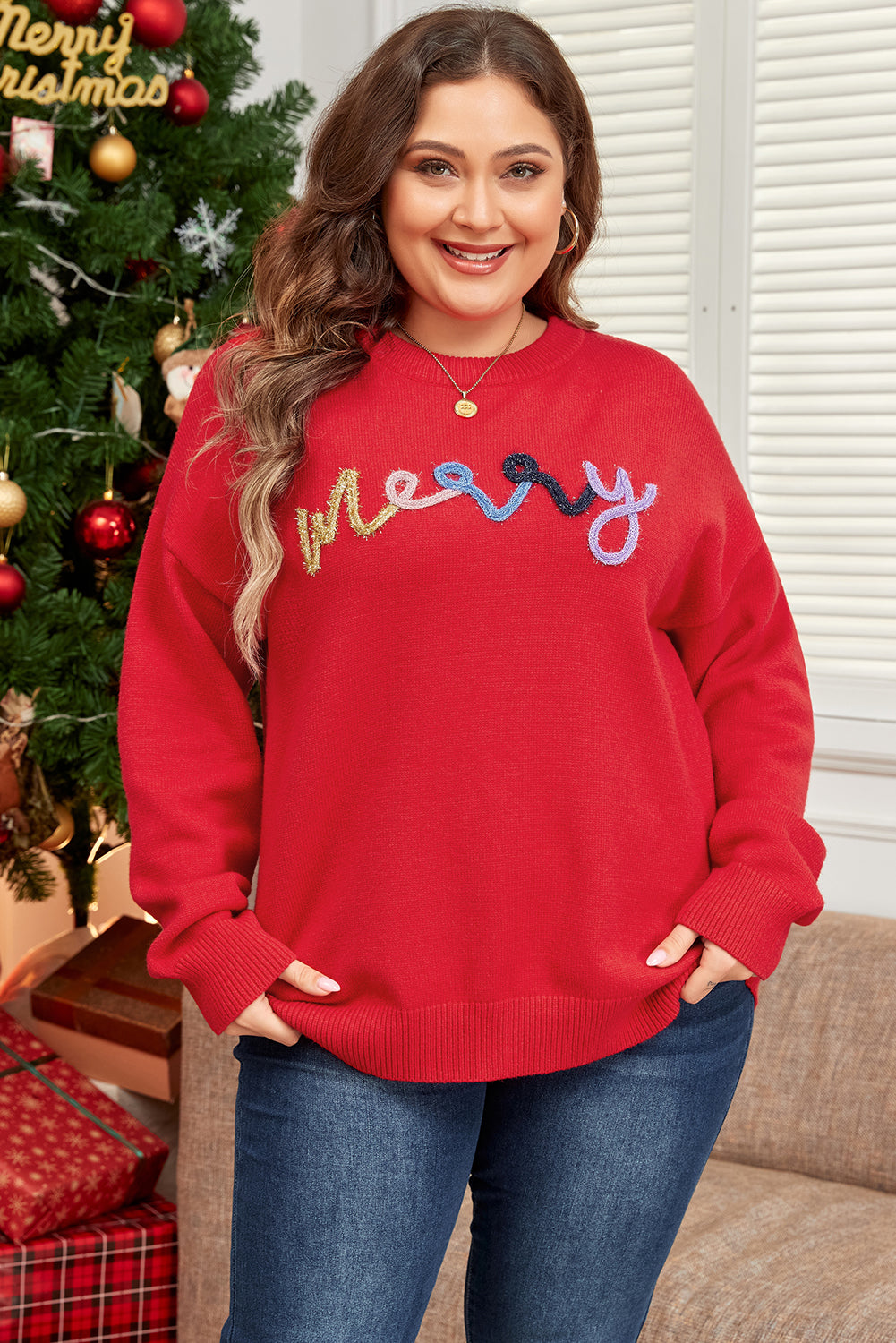Fiery Red Tinsel Merry Letter Drop Shoulder Baggy Sweater — image 03