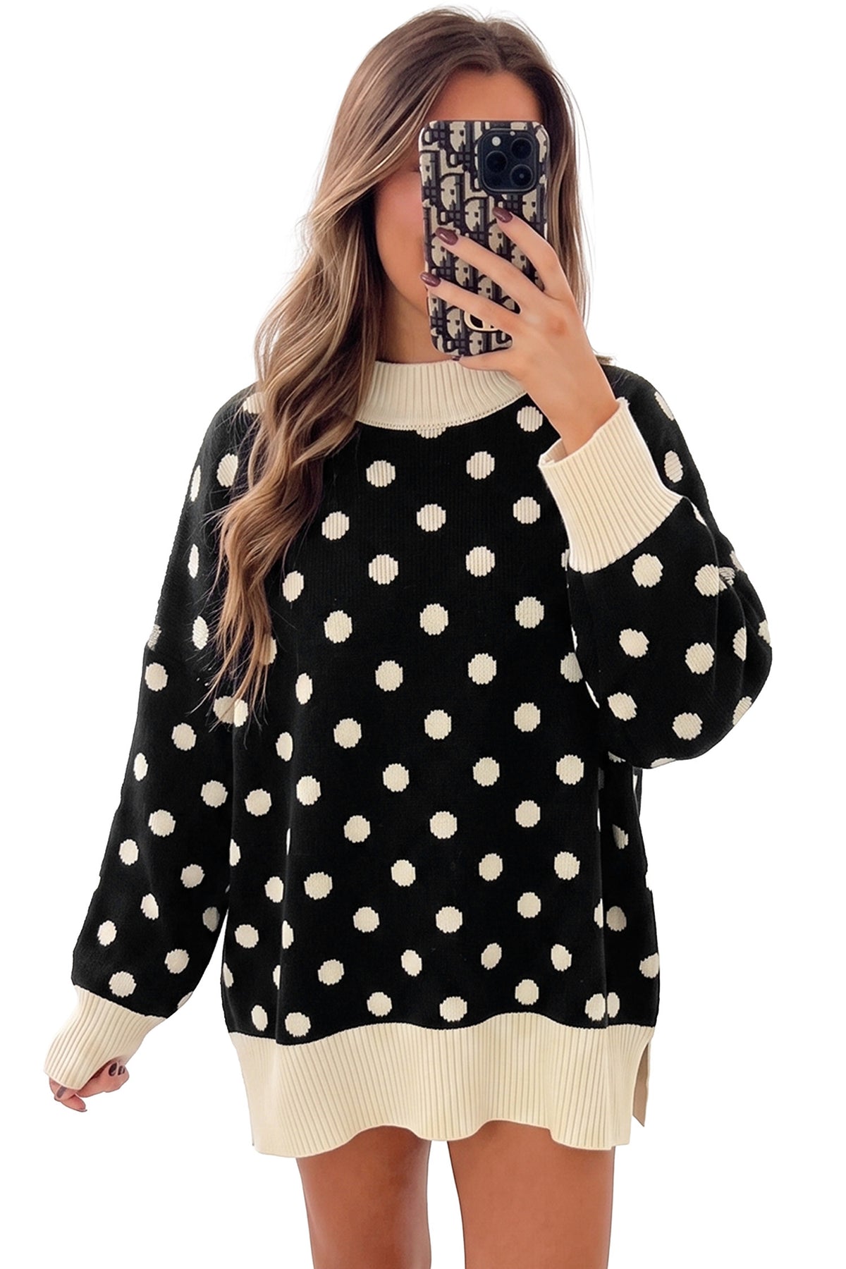 Black Polka Dot Pattern Ribbed Colorblock Trim Split Tunic Sweater — image 03