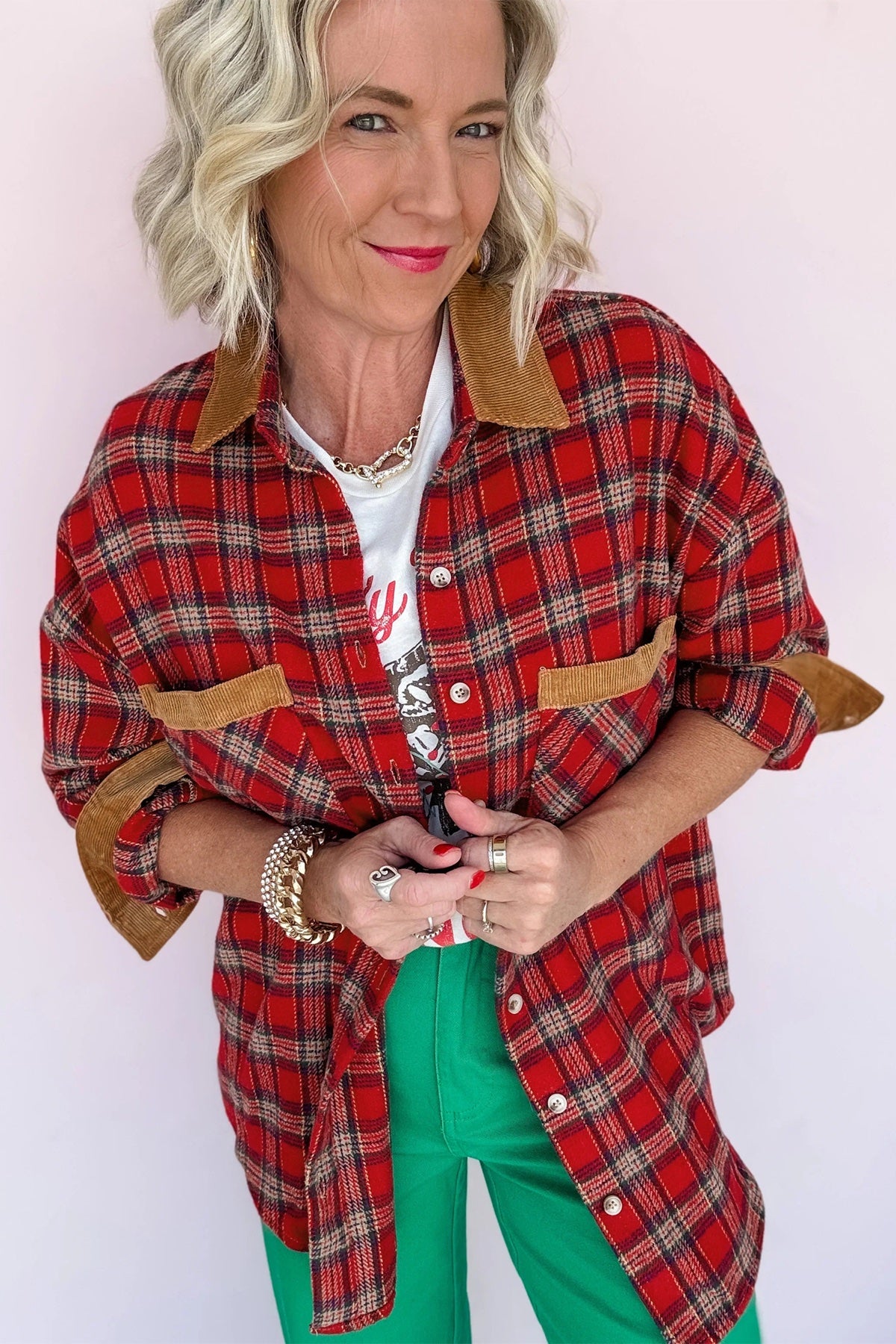Red Plaid Color Block Collared Button Shacket — image 03