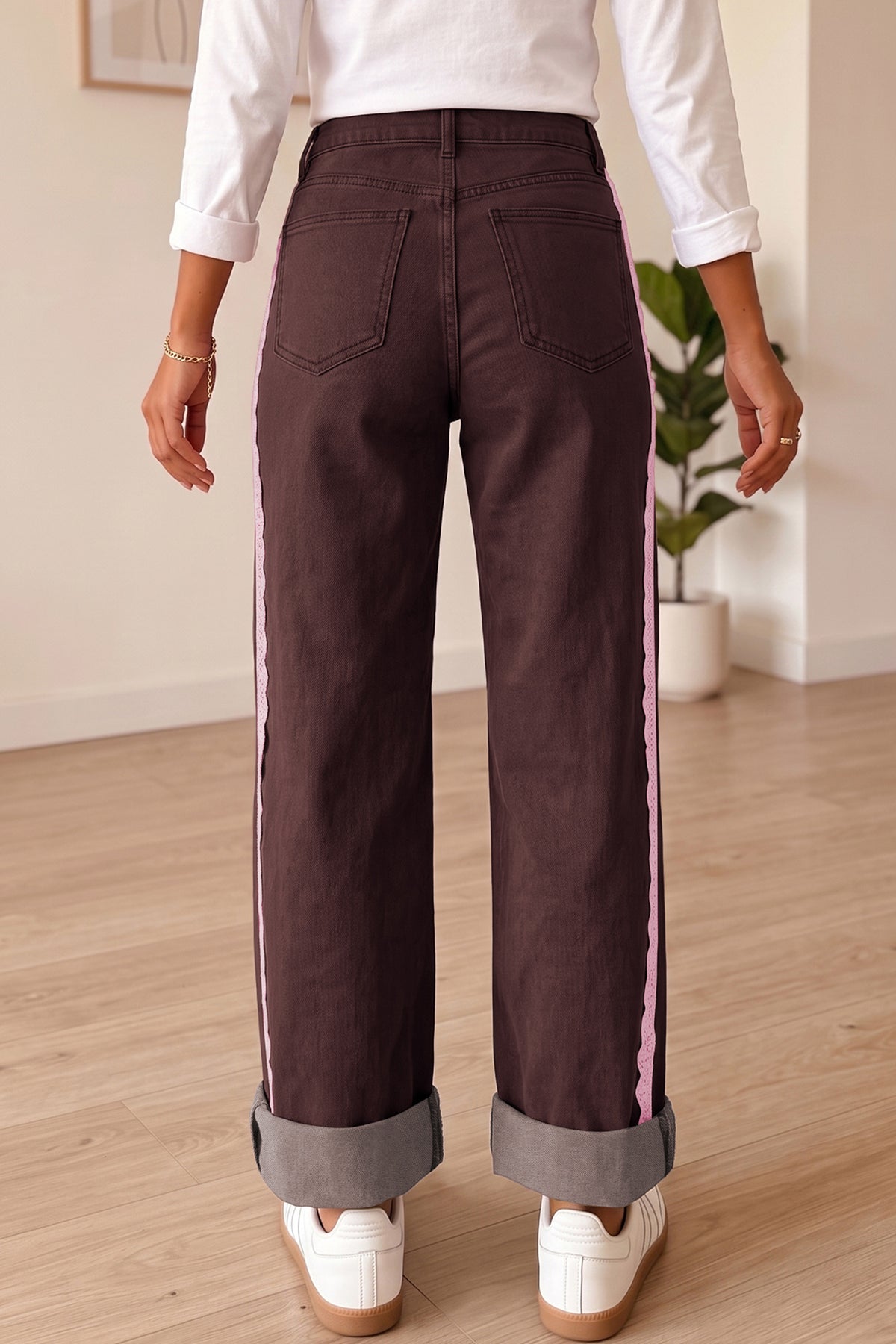 Coffee Lace Trim Casual Full-Length Regular Fit Jeans — image 03