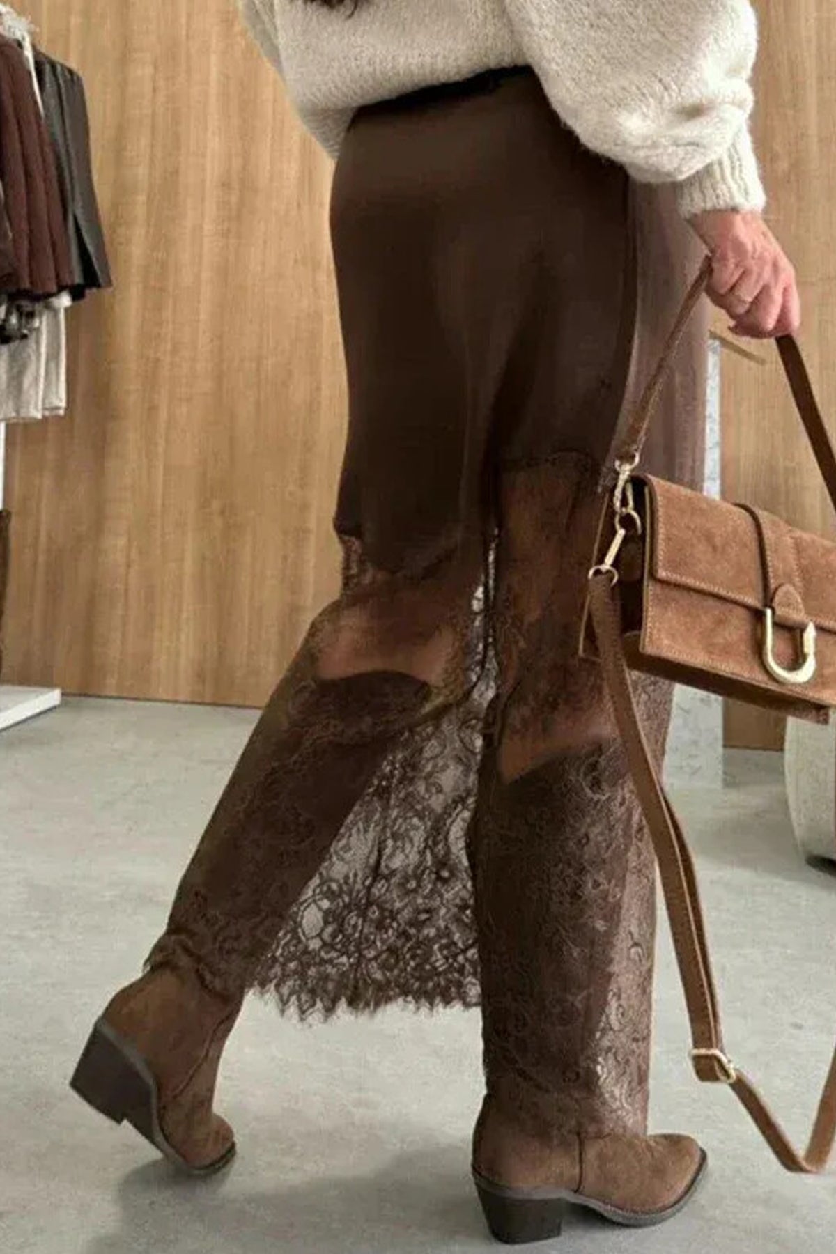 PREORDER // Dark Brown Lace Patchwork Hem Long Skirt // ETA November — image 03