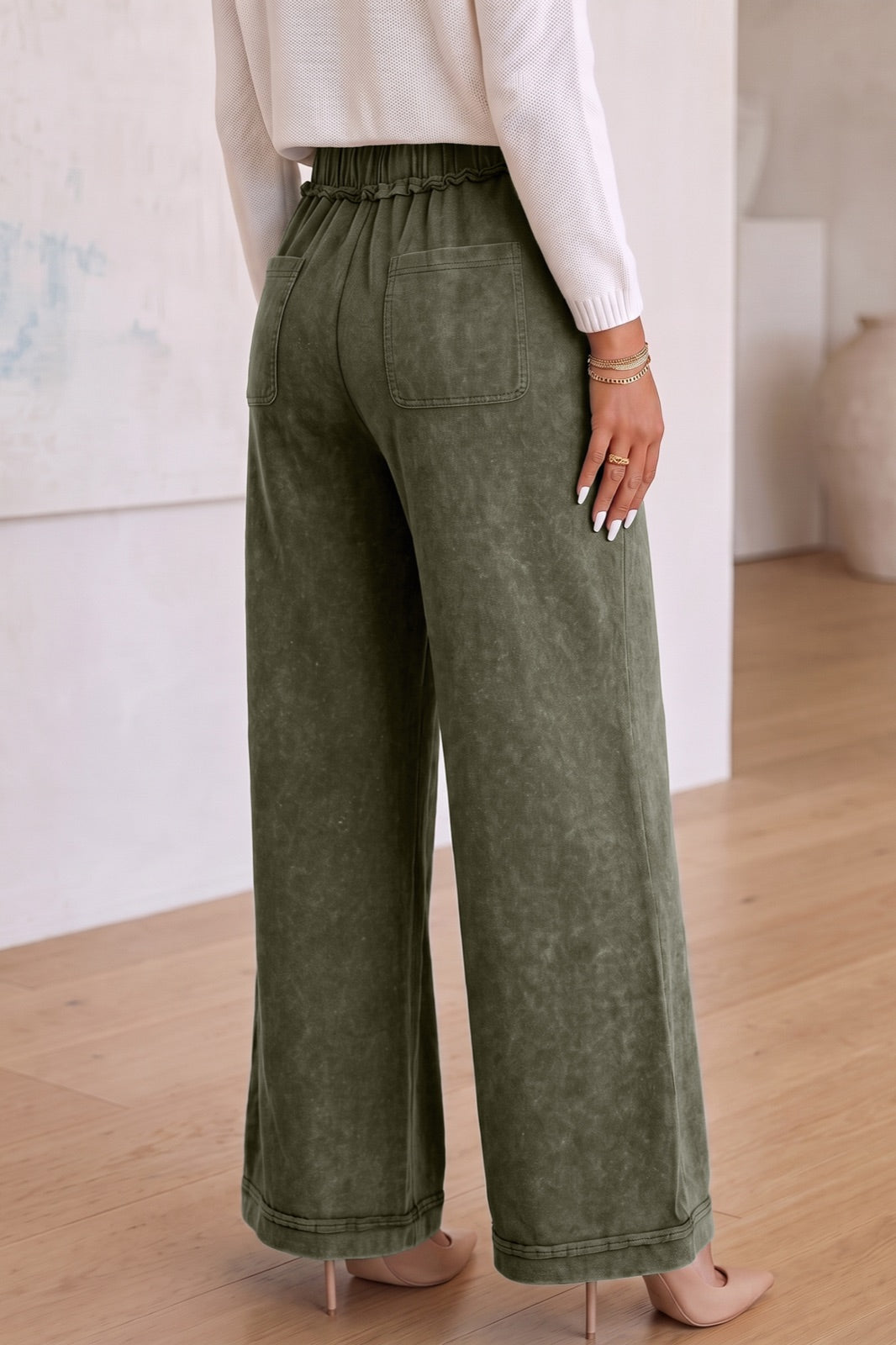 Mineral Wash Seam Detail Flare Leg Drawstring Pants — image 03