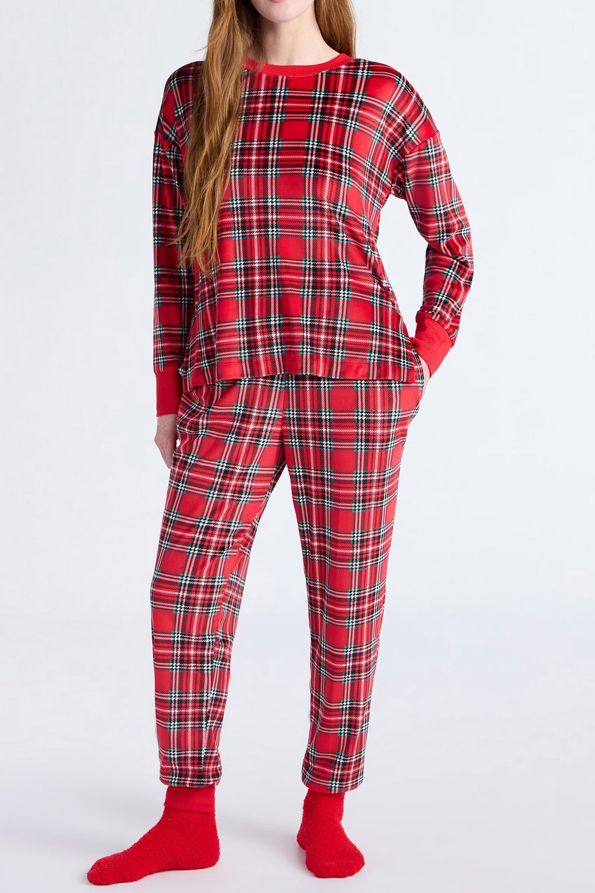 Red Festive Plaid Ribbed Trim Round Neck Long Sleeve Top Comfy Lounge Pant Set — image 03
