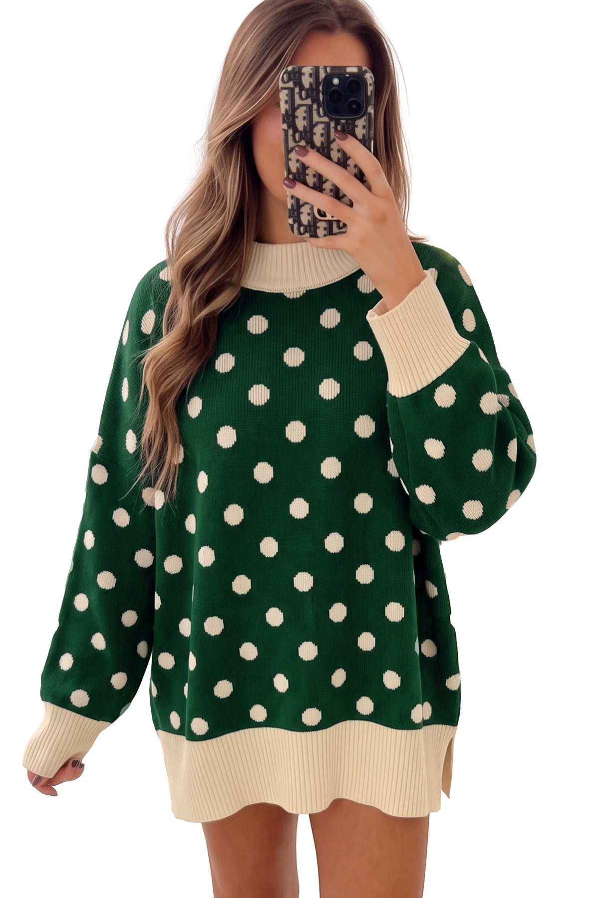 Green Polka Dot Pattern Ribbed Colorblock Trim Split Tunic Sweater — image 03