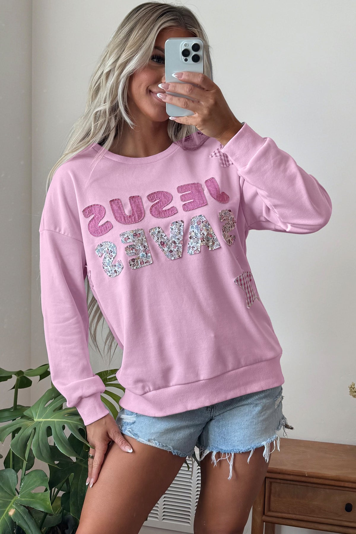 Pink JESUS SAVES Patchwork Stars Plaid Floral Letters Baggy Sweatshirt — image 03