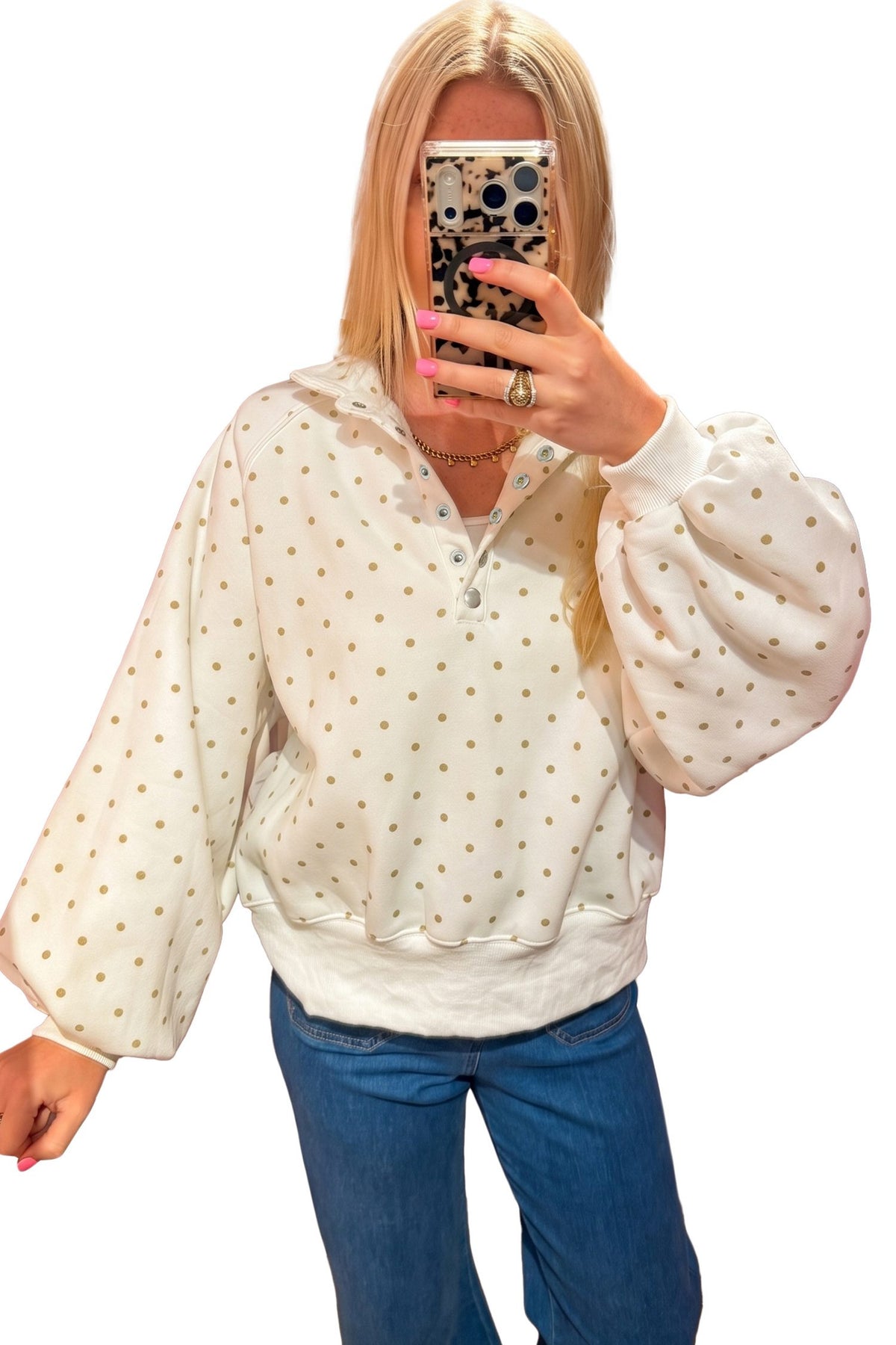White Polka Dot Print Metal Button Collar Casual Pullover Sweatshirt — image 03