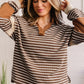 Brown Stripe Collar V Neck Color Block Pullover Top — image 03