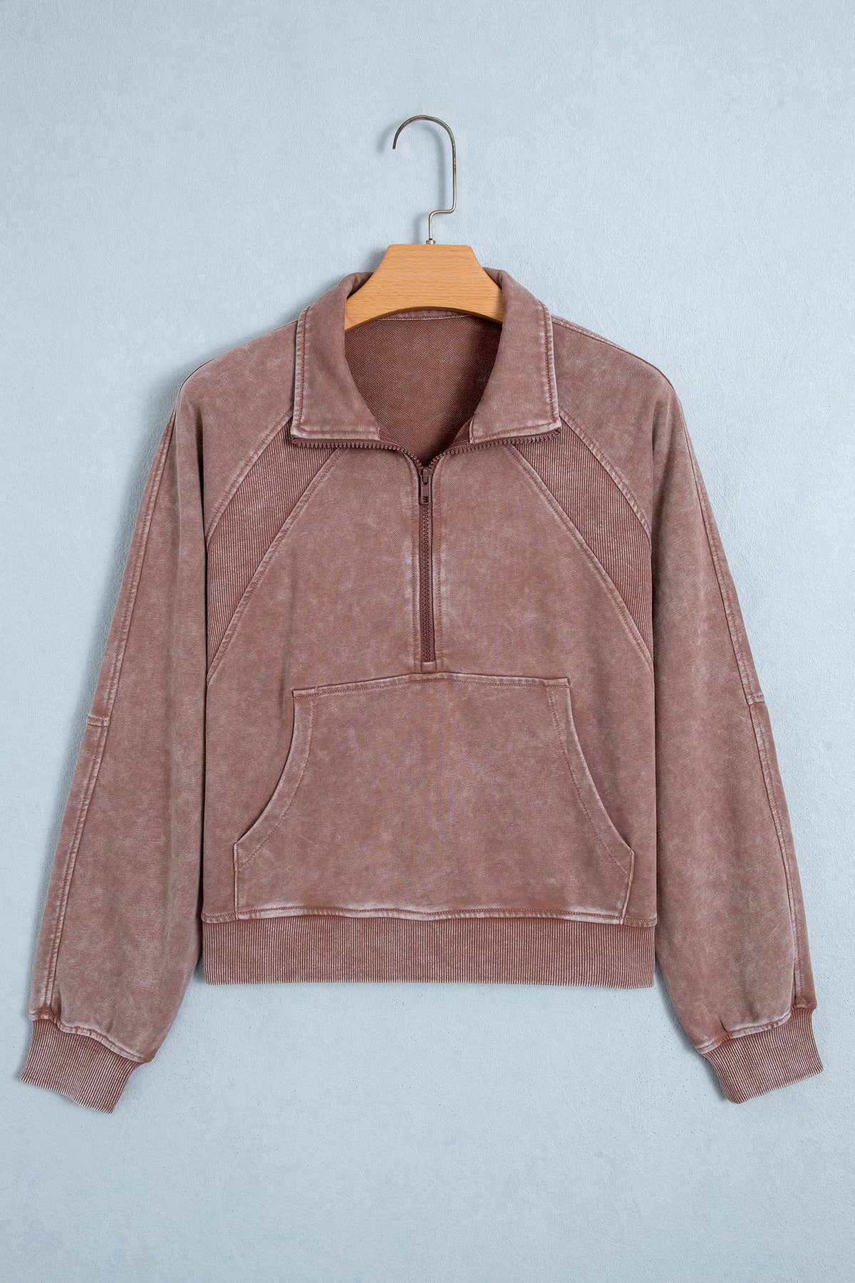 Chestnut Vintage Half-Zip Long Sleeve Ribbed Cuffs Hem Shift Silhouette Sweatshirt — image 03