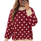 Red Polka Dot Pattern Ribbed Colorblock Trim Split Tunic Sweater — image 03