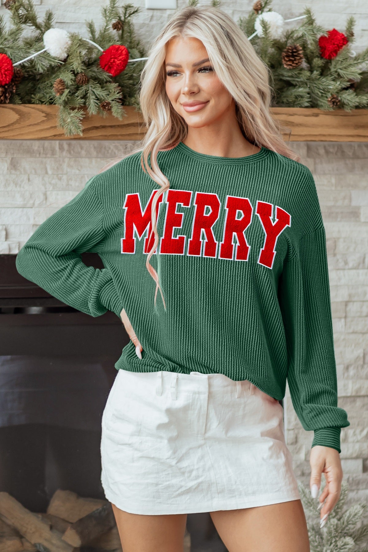 Twisted Rib Outlined MERRY Graphic Long Sleeve Top — image 03