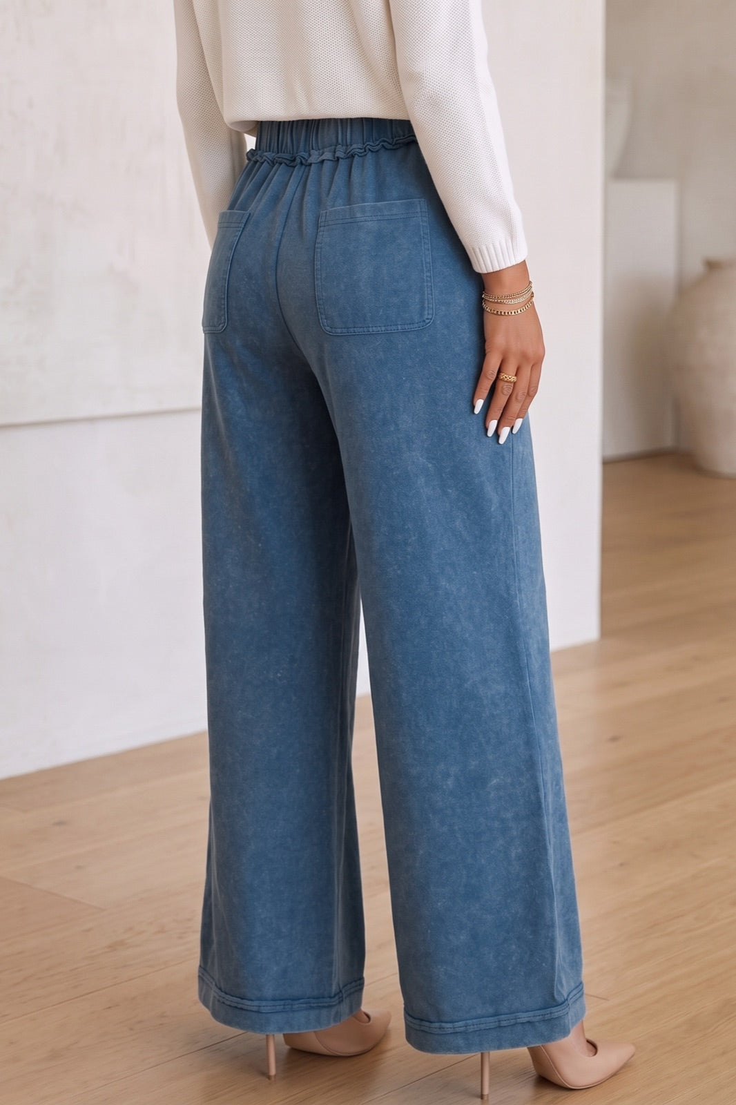 Mineral Wash Seam Detail Flare Leg Drawstring Pants — image 03