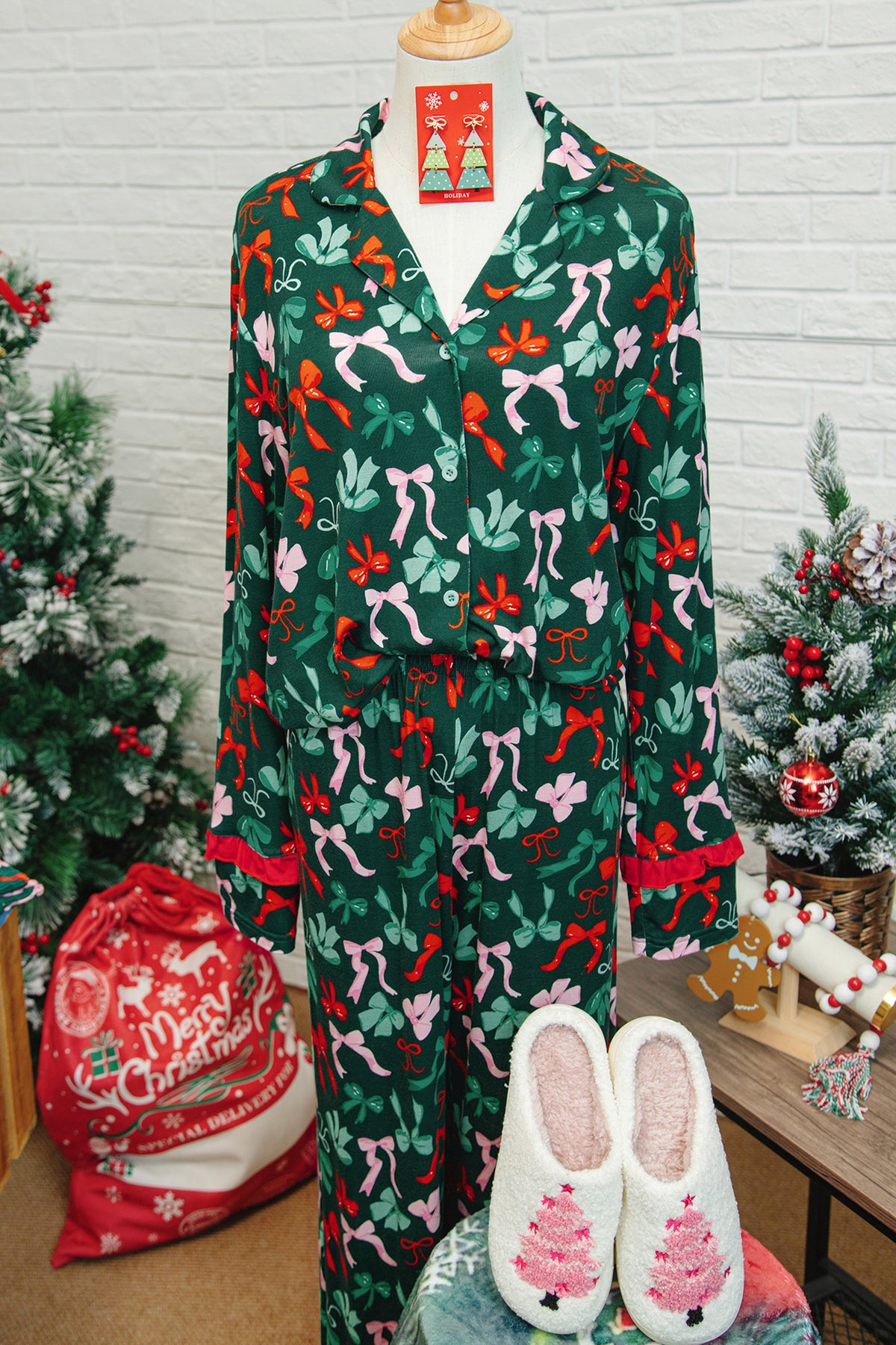 Green Festive Bow Print 2pcs Pajama Pant Set — image 03