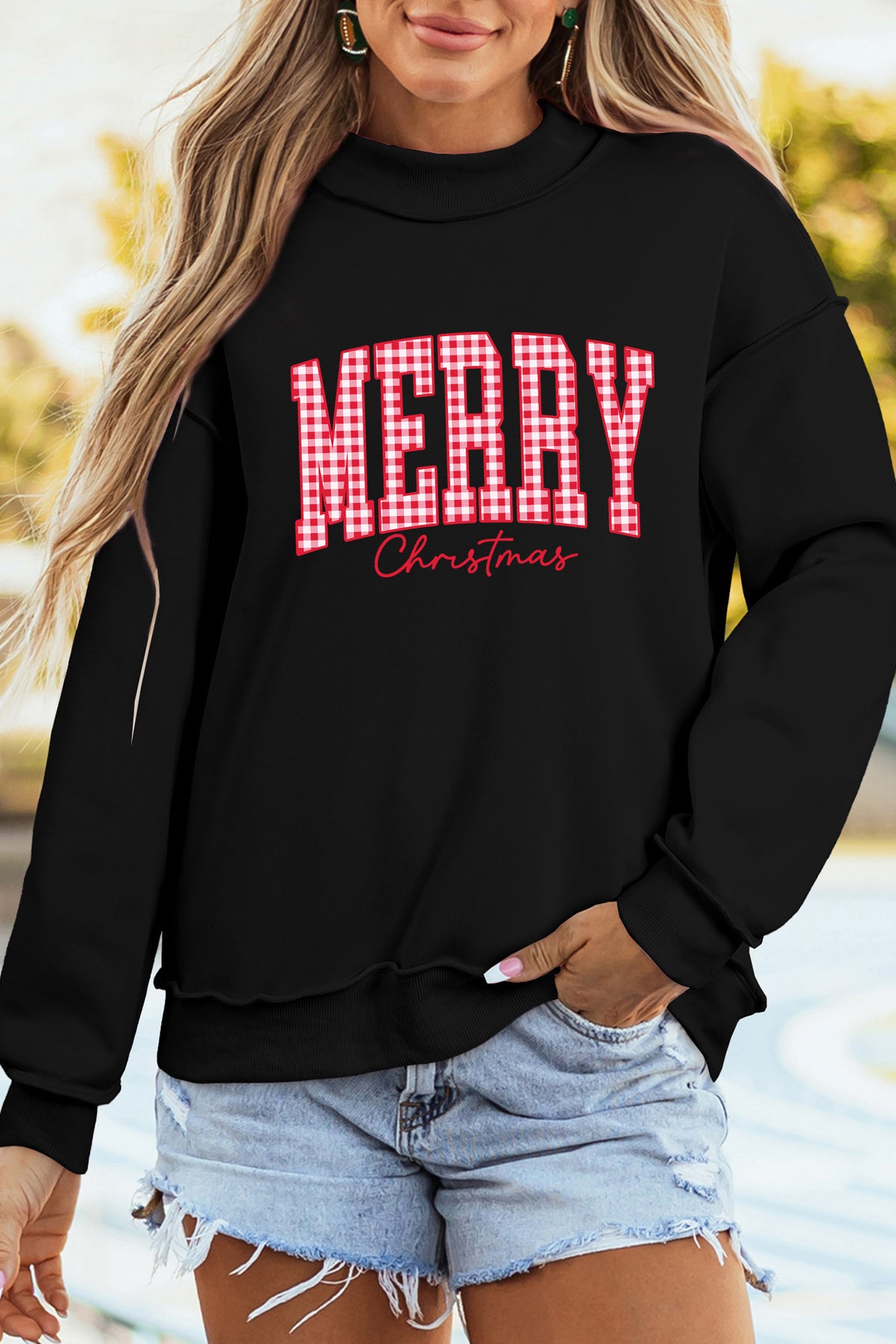 Black Plaid Merry Christmas High Neck Sweatshirt — image 03