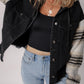 Black Plaid Sleeve Frayed Hem Hooded Denim Jacket — image 03