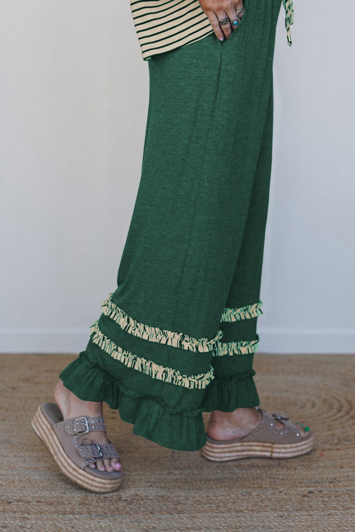 Stripe V-Neck Ruffle Contrast Sleeve Top + Drawstring Pants Set — image 03