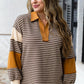 Brown Stripe Collar V Neck Color Block Pullover Top — image 03