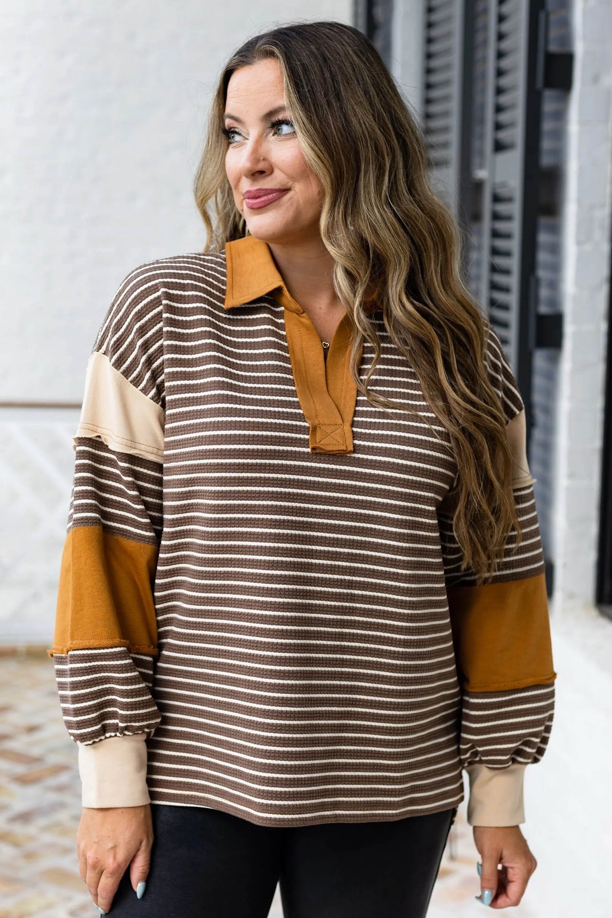 Brown Stripe Collar V Neck Color Block Pullover Top — image 03